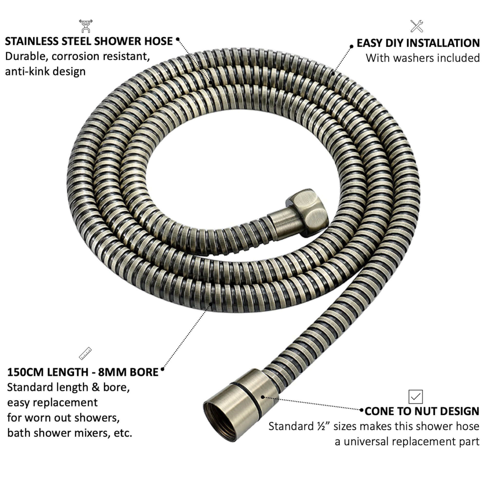 Flex shower hose stainless steel 1.5m standard bore - antique brass - Image 6