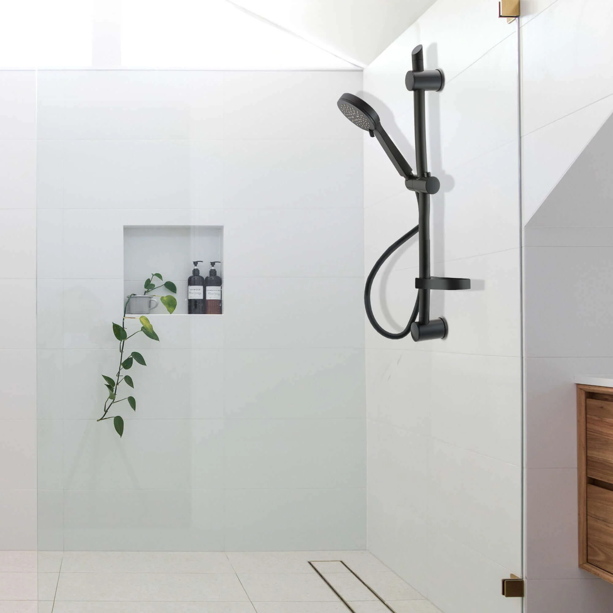 Adjustable Shower Slider Riser Rail Kit With 3 Setting Shower Head, Hose and Soap Holder - Black - Image 5