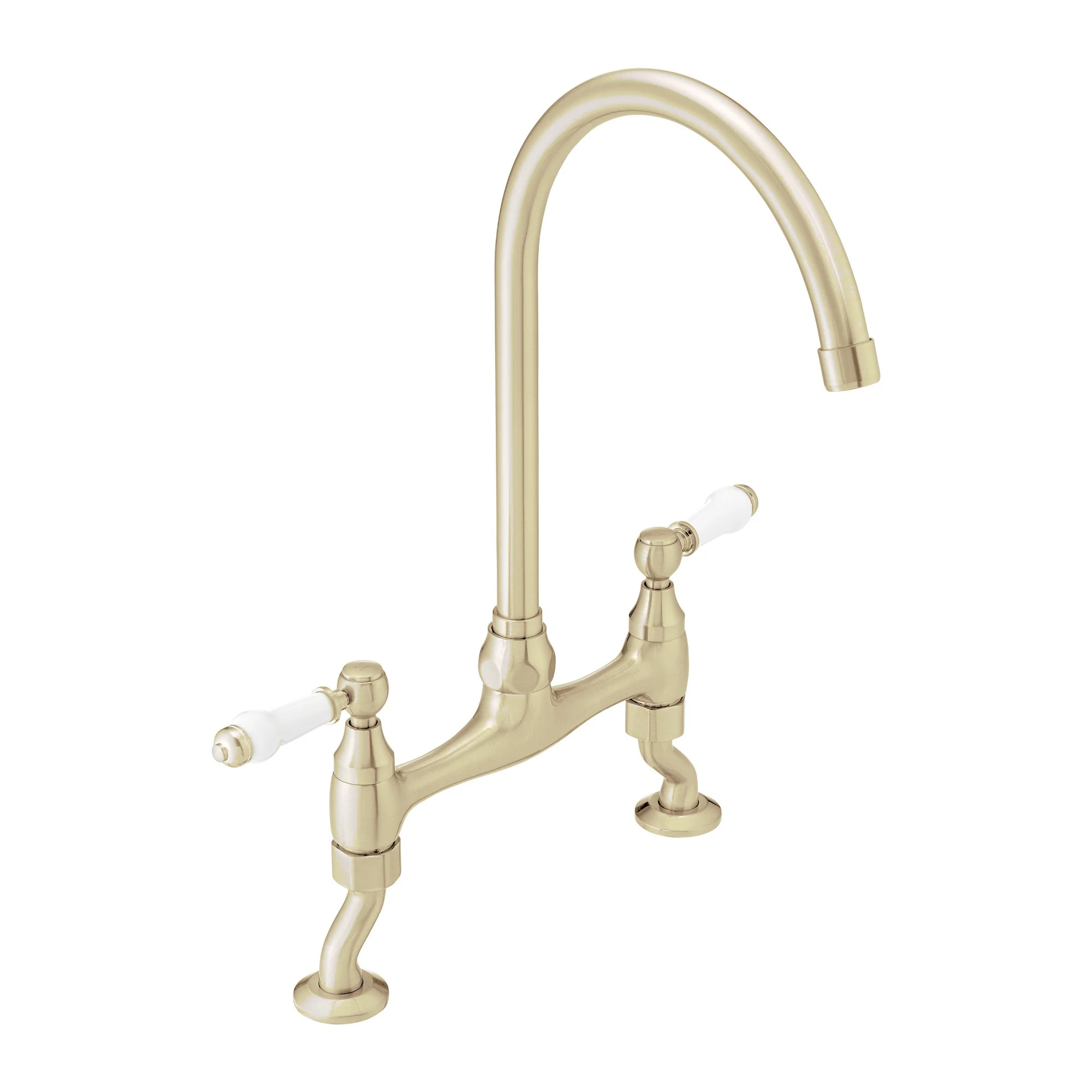 Astbury traditional bridge kitchen mixer tap with white ceramic levers deck mounted - brushed brass - Image 2