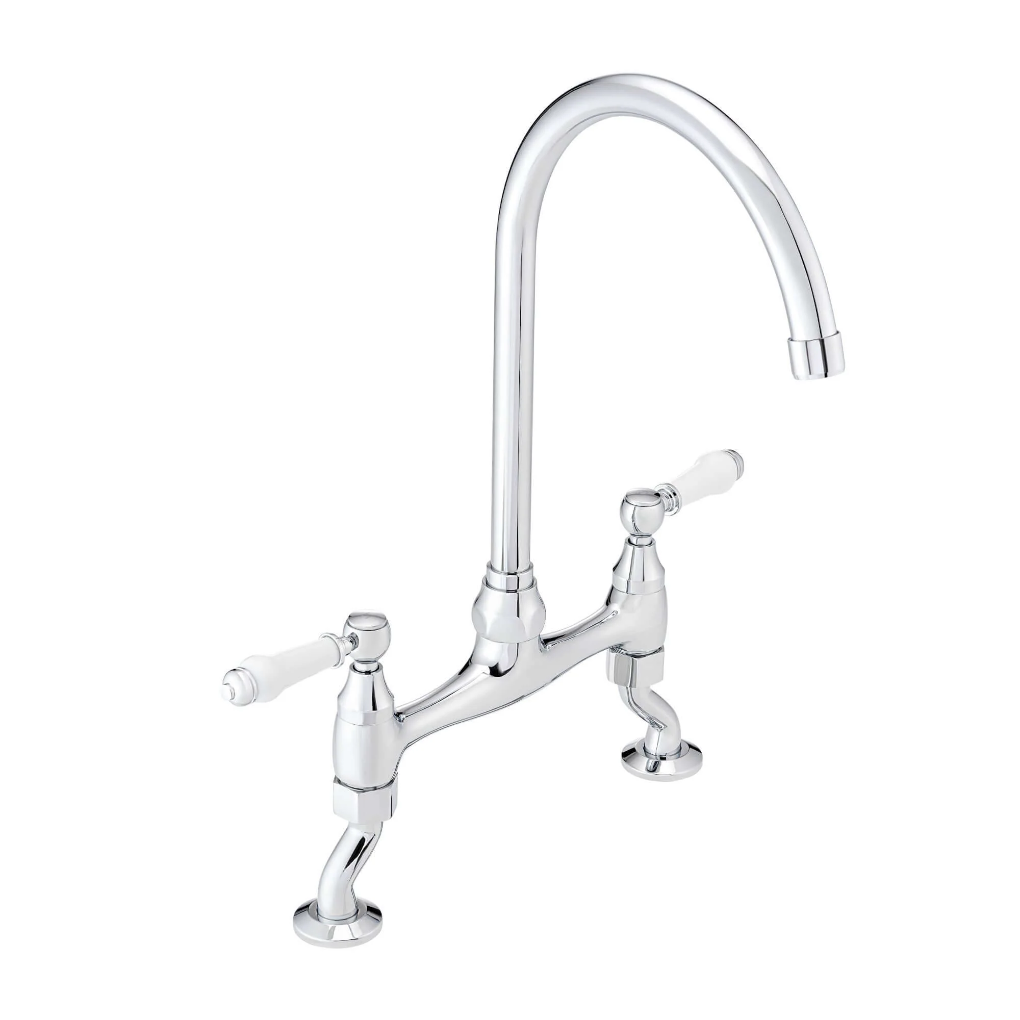 Astbury traditional bridge kitchen mixer tap with white ceramic levers deck mounted - chrome - Image 2
