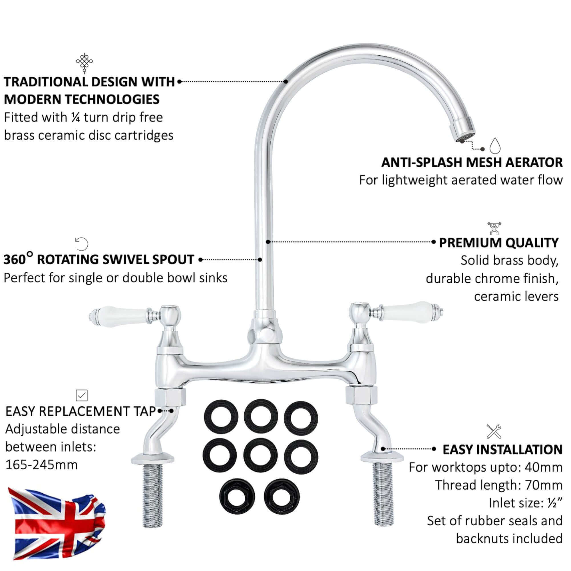 Astbury traditional bridge kitchen mixer tap with white ceramic levers deck mounted - chrome - Image 4