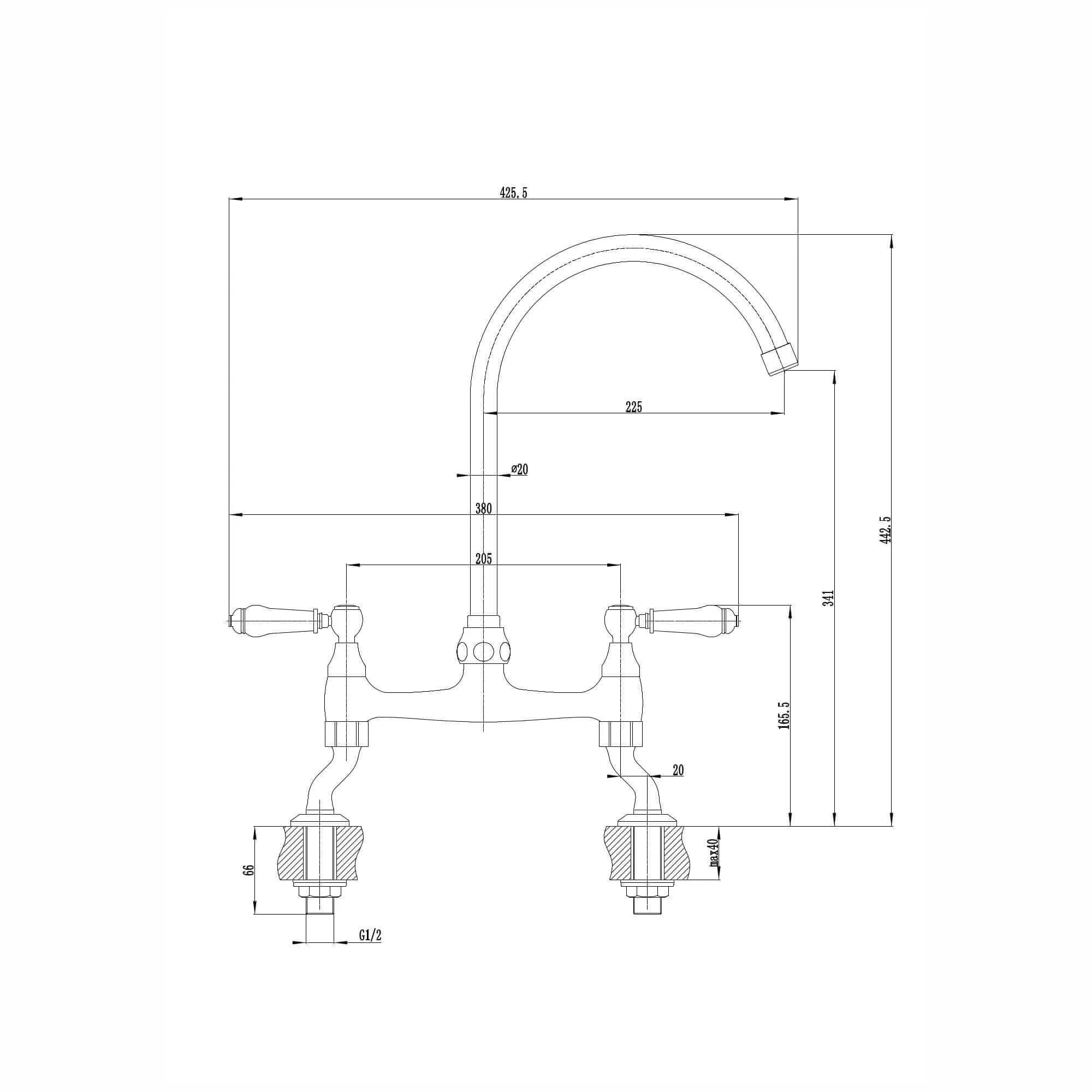 Astbury traditional bridge kitchen mixer tap with white ceramic levers deck mounted - chrome - Image 5