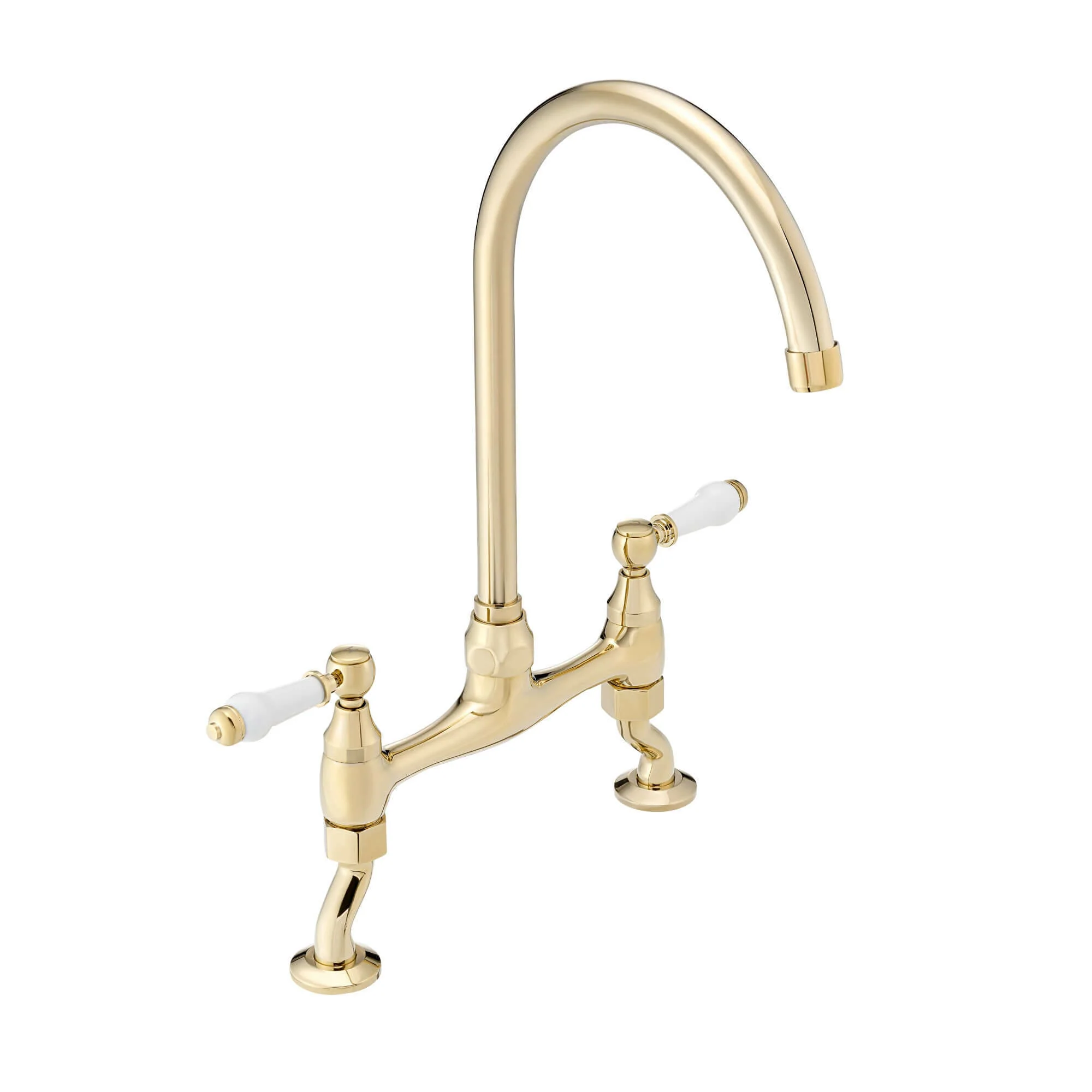Astbury traditional bridge kitchen mixer tap with white ceramic levers deck mounted - gold - Image 2