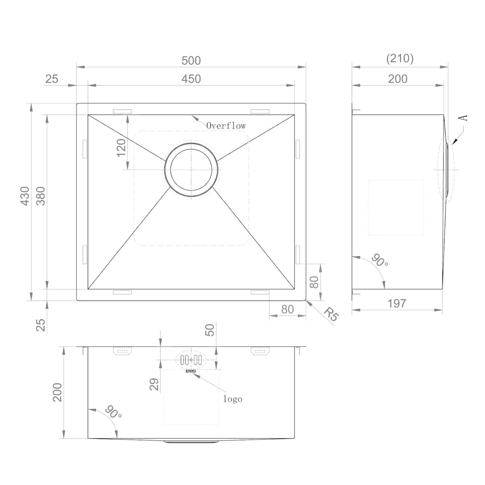 Axia 500mm x 430mm 1.0 bowl undermount or topmount kitchen sink with overflow - gunmetal grey stainless steel - Image 8