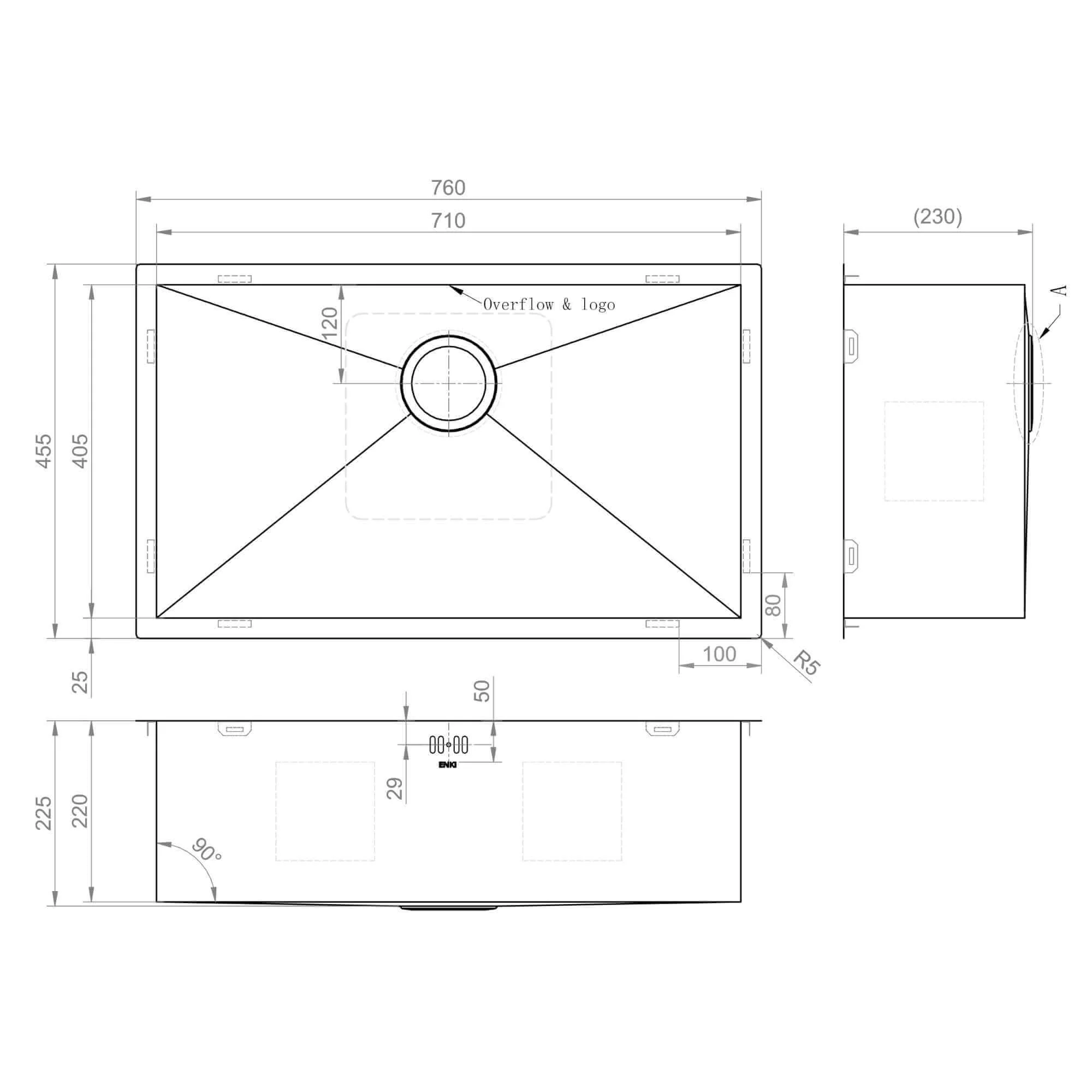 Bali 760mm x 455mm 1.0 bowl undermount or topmount kitchen sink with overflow - gunmetal grey stainless steel - Image 8