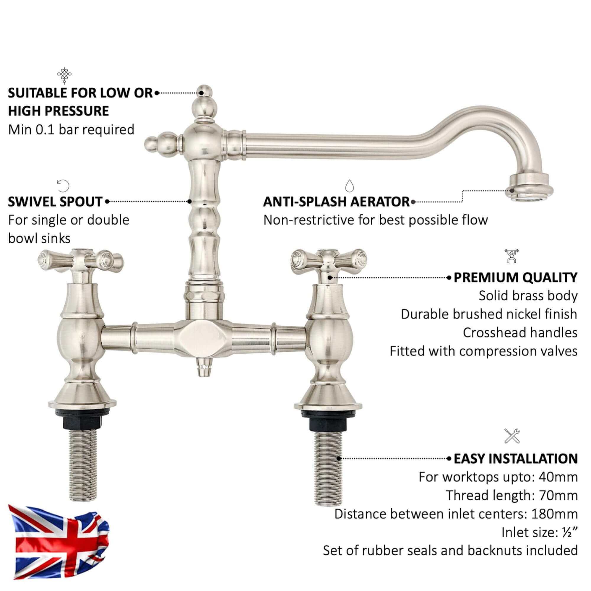 Langley Brushed Nickel Bridge Kitchen Sink Mixer Tap Traditional Colonial Crosshead - Image 3