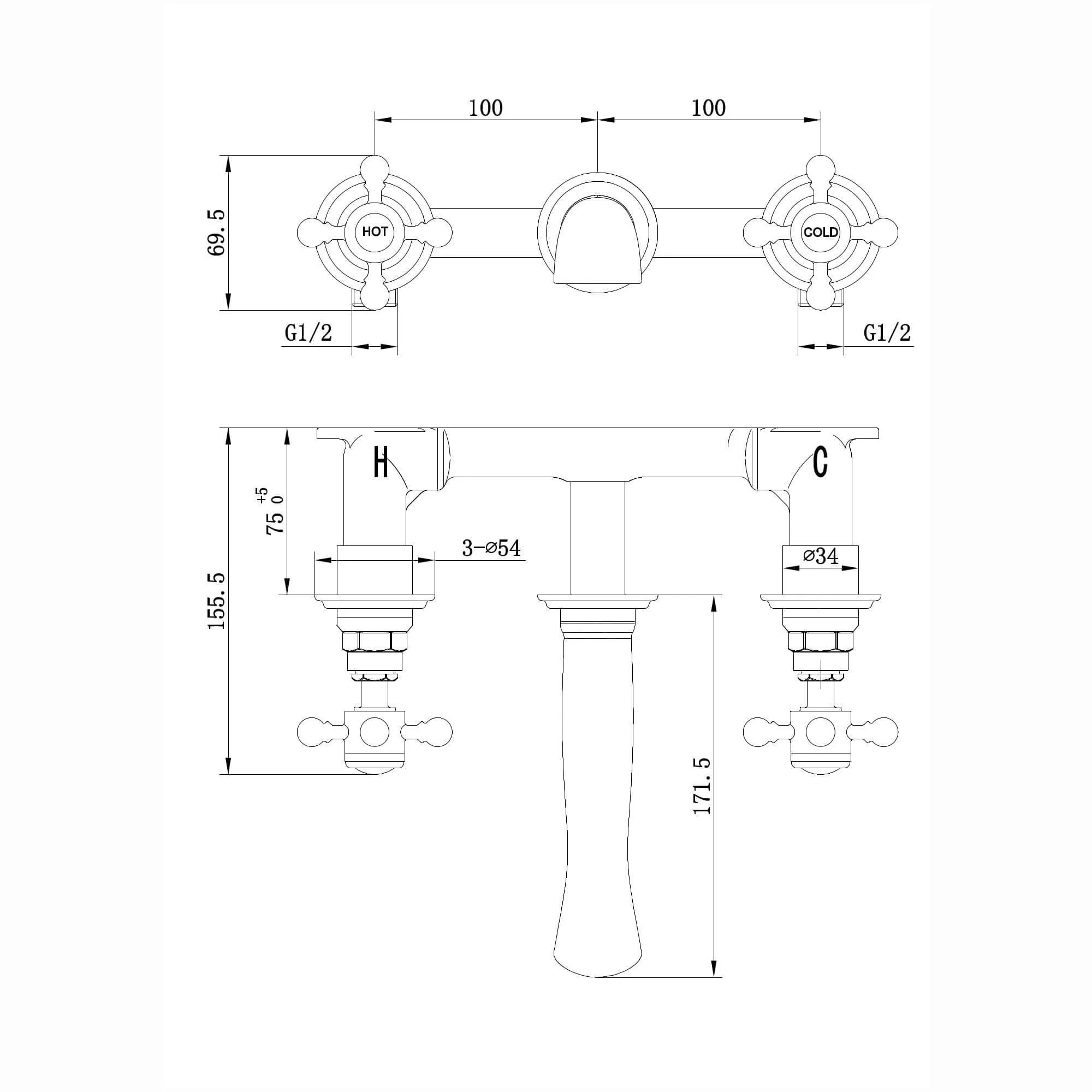 Camberley traditional wall mount basin mixer tap crosshead 3 hole - antique brass - Image 4