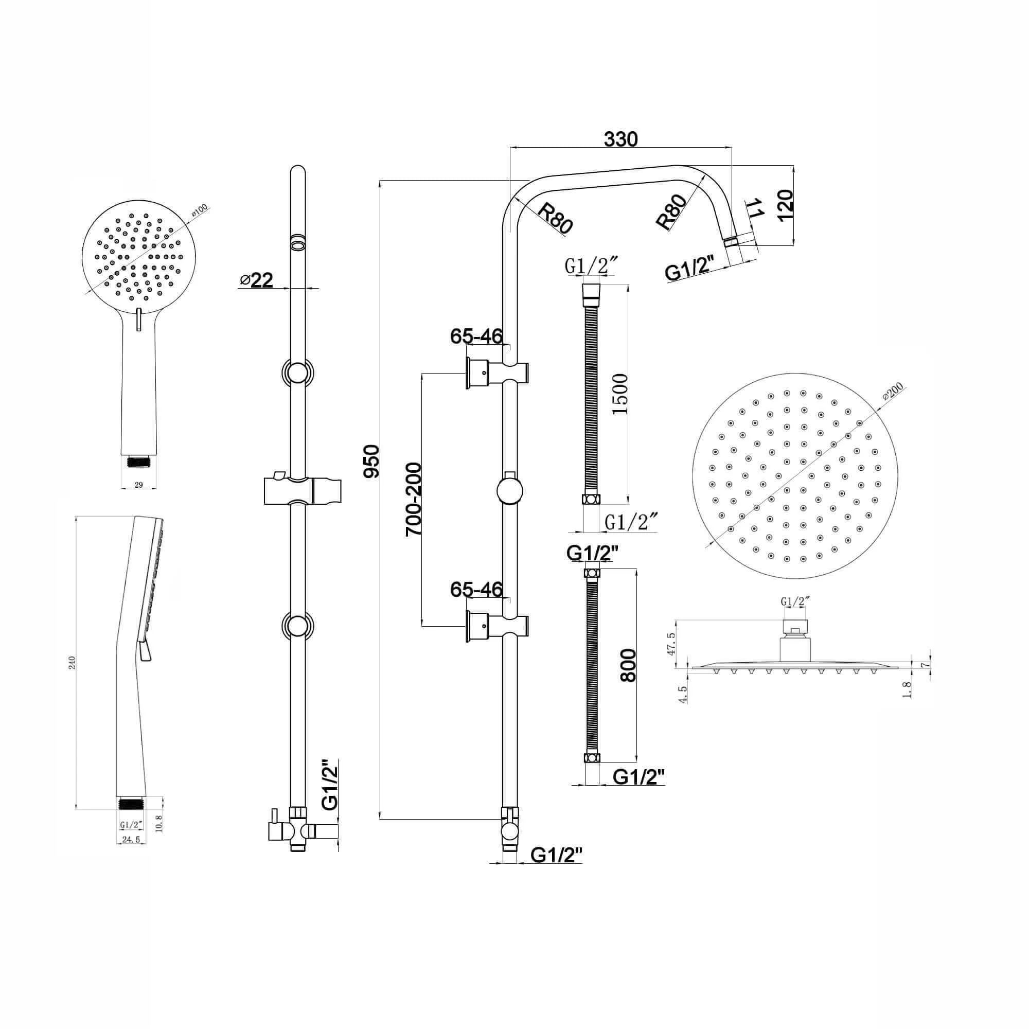 Carre Dual Rigid Riser Kit Round Ultra Slim Overhead Rain Shower & 3 Setting Handheld Shower - Chrome - Image 5