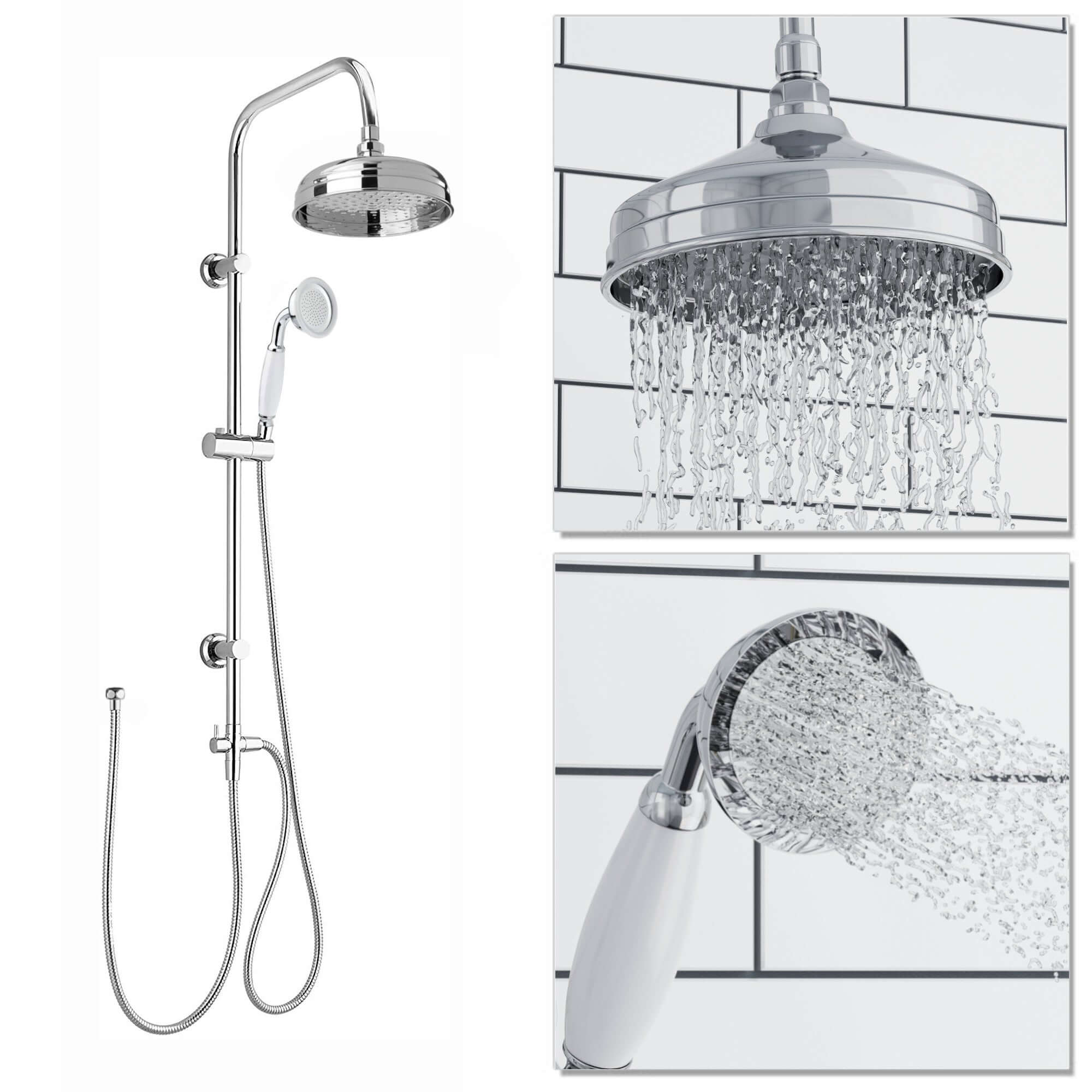 Carre Dual Rigid Riser Kit Traditional Solid Brass Overhead Rain Shower & Brass Handheld Shower - Chrome - Image 2
