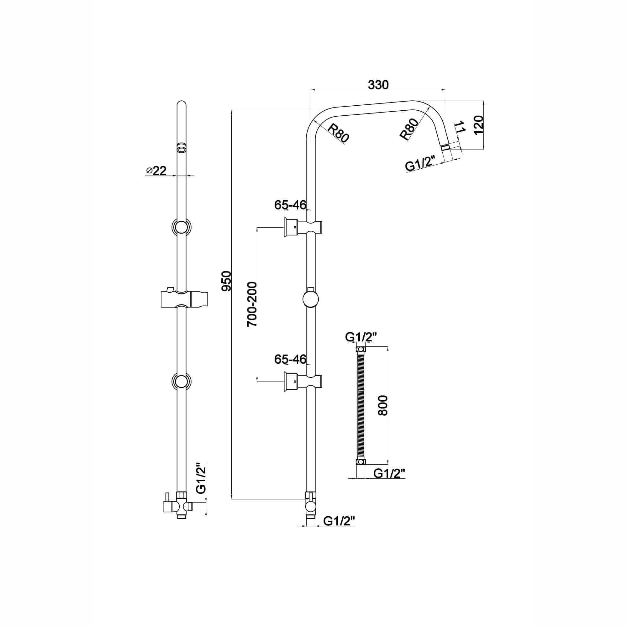 Carre shower adjustable rigid riser rail angled with 2 wall brackets, handset bracket, diverter, connecting hose - black - Image 3