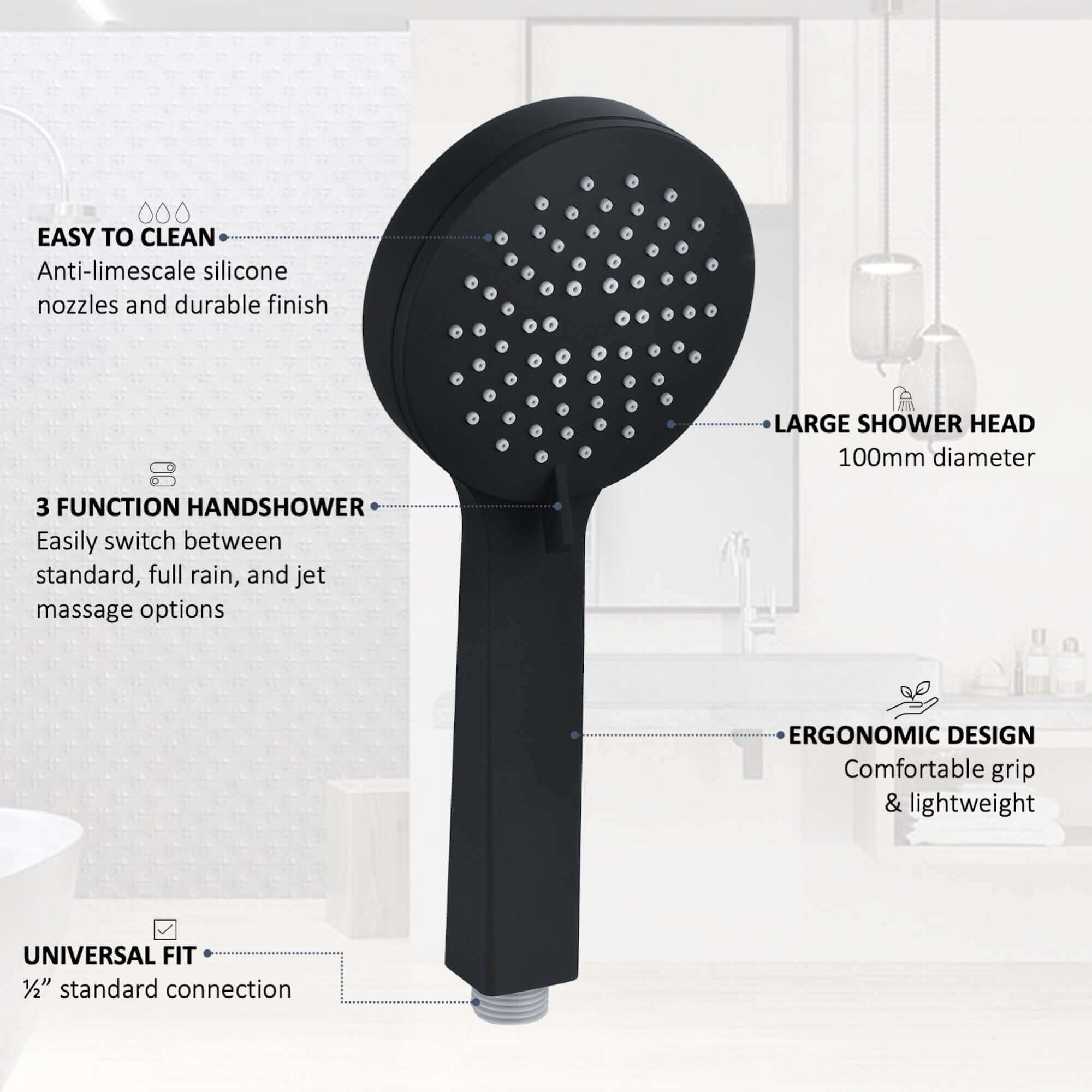 Contemporary 3 Function Hand Shower Kit Incl. Hose And Wall Bracket - Black - Image 3