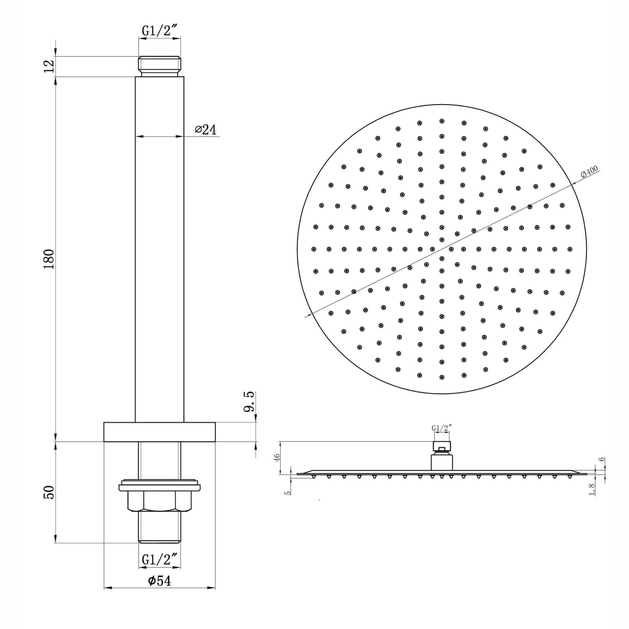 Contemporary Ceiling Fixed Round Ultra Slim Stainless Steel Shower Head 16" With 180mm Ceiling Shower Arm - Chrome - Image 6