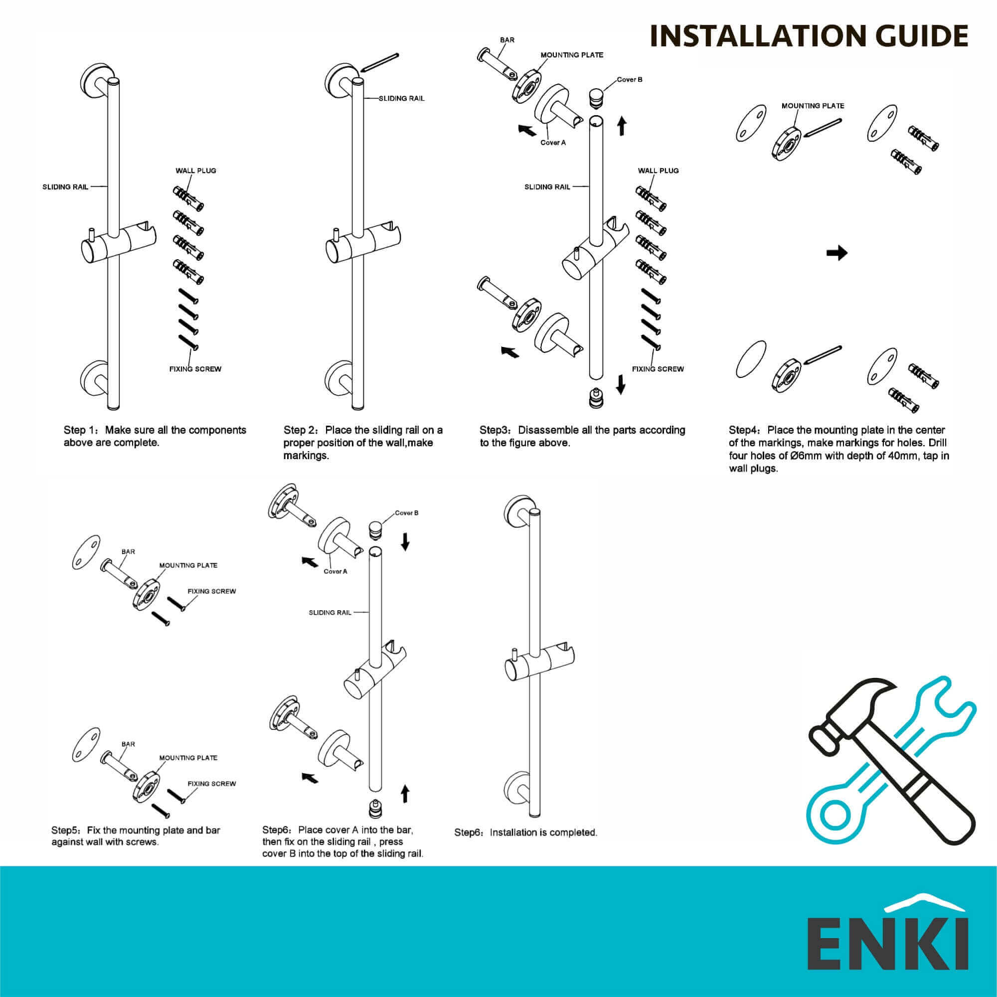 Contemporary Shower Slider Riser Rail Kit With 3 Function Shower Head, Hose and Wall Elbow - Matt Black - Image 7