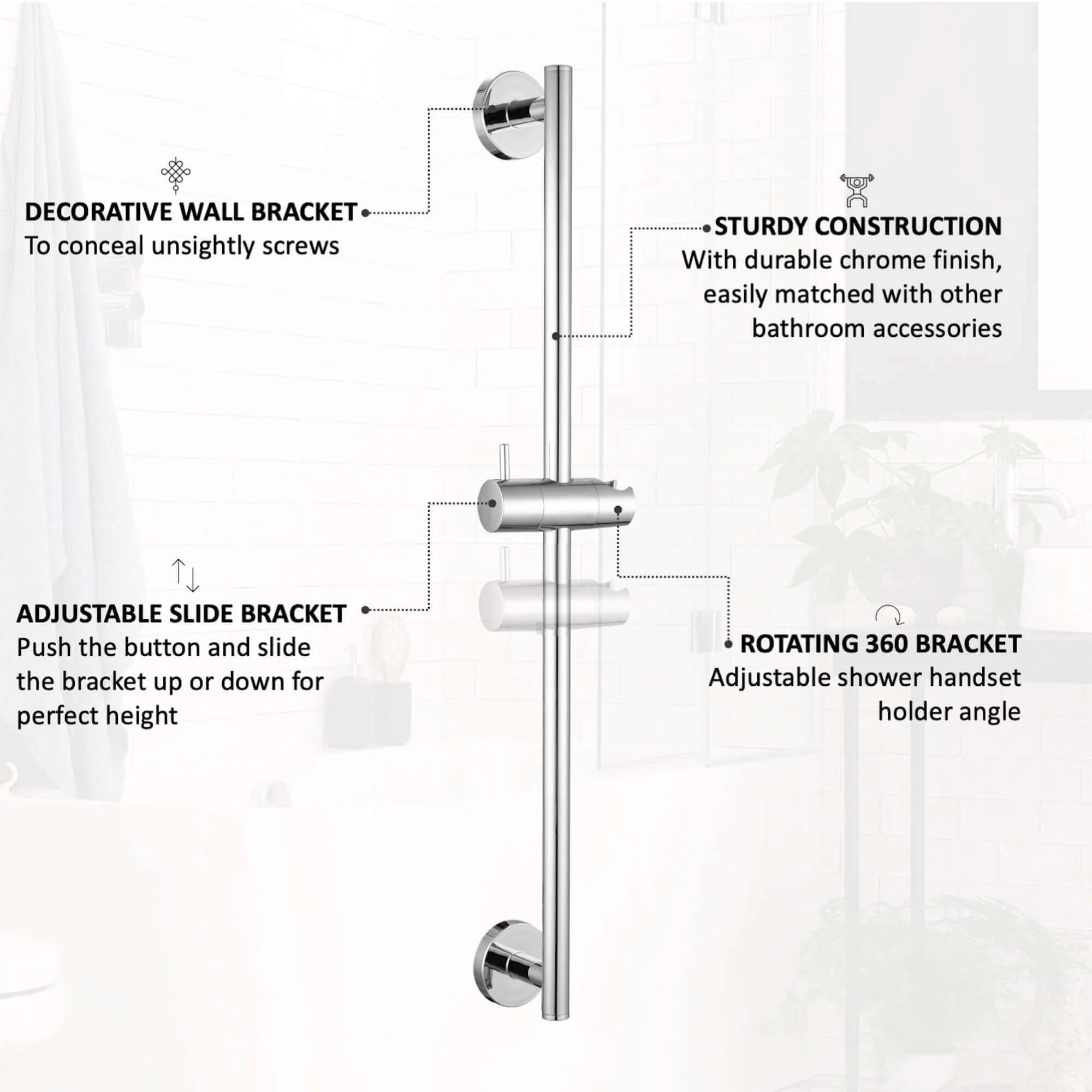 Contemporary Shower Slider Riser Rail Kit With Pencil Shower Head, Hose and Wall Elbow - Chrome - Image 4