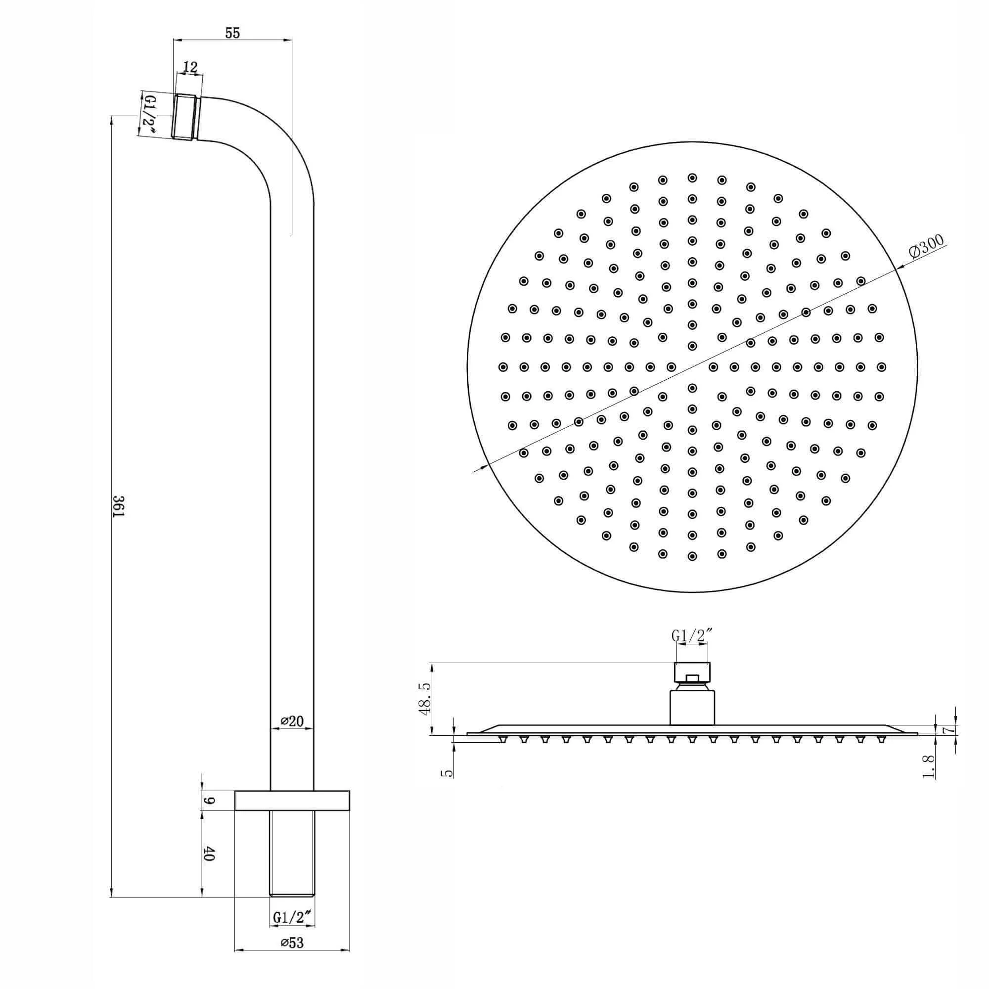 Contemporary Wall Fixed Round Ultra Slim Stainless Steel Shower Head 12" With Shower Arm - Matt Black - Image 4