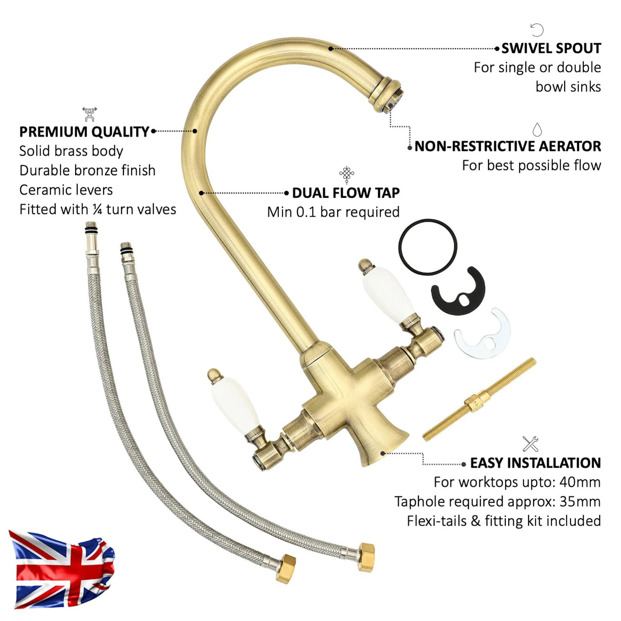 Dorchester Georgian dual flow kitchen sink tap with twin white levers - antique brass - Image 6