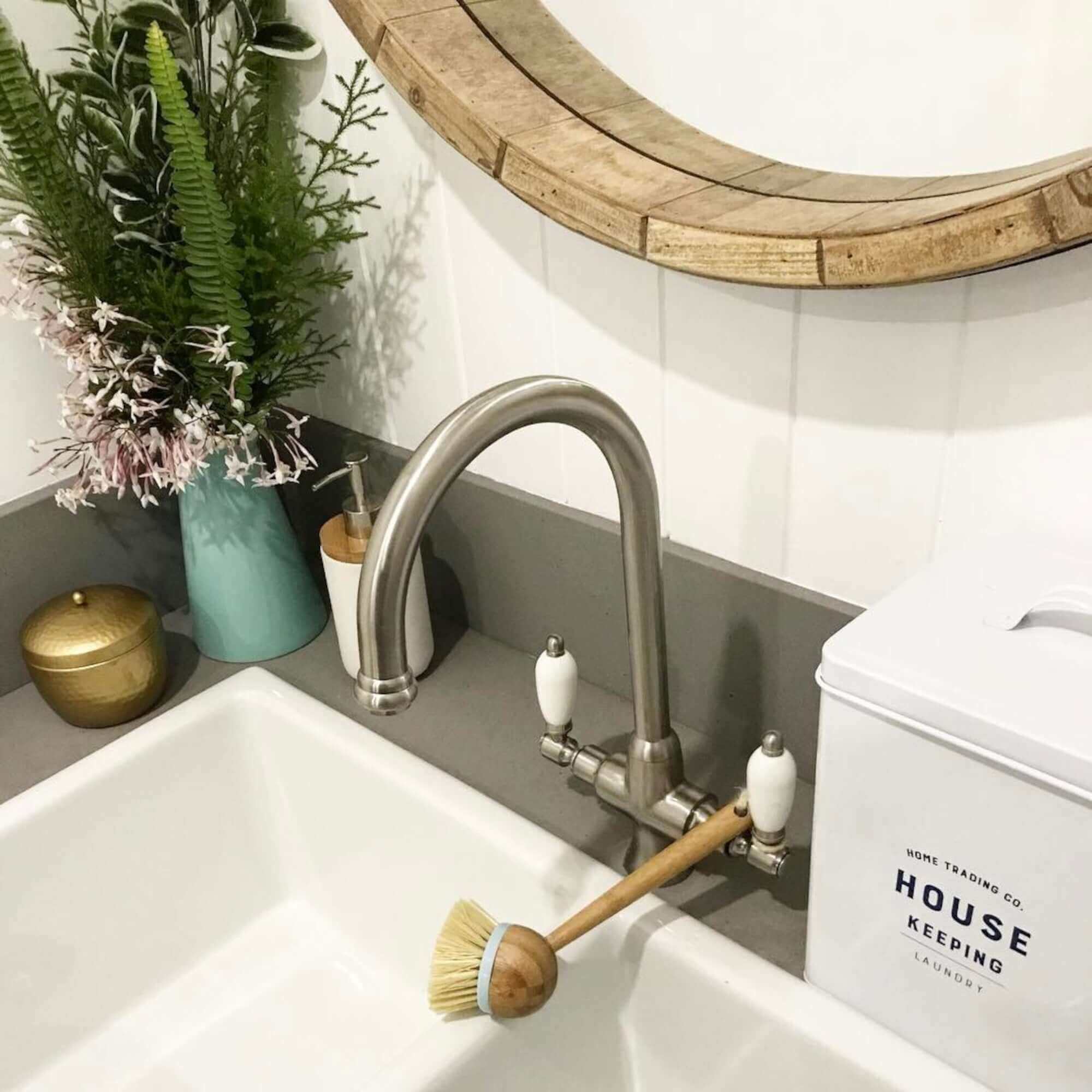 Dorchester Georgian dual flow kitchen sink tap with twin white levers - brushed nickel - Image 2