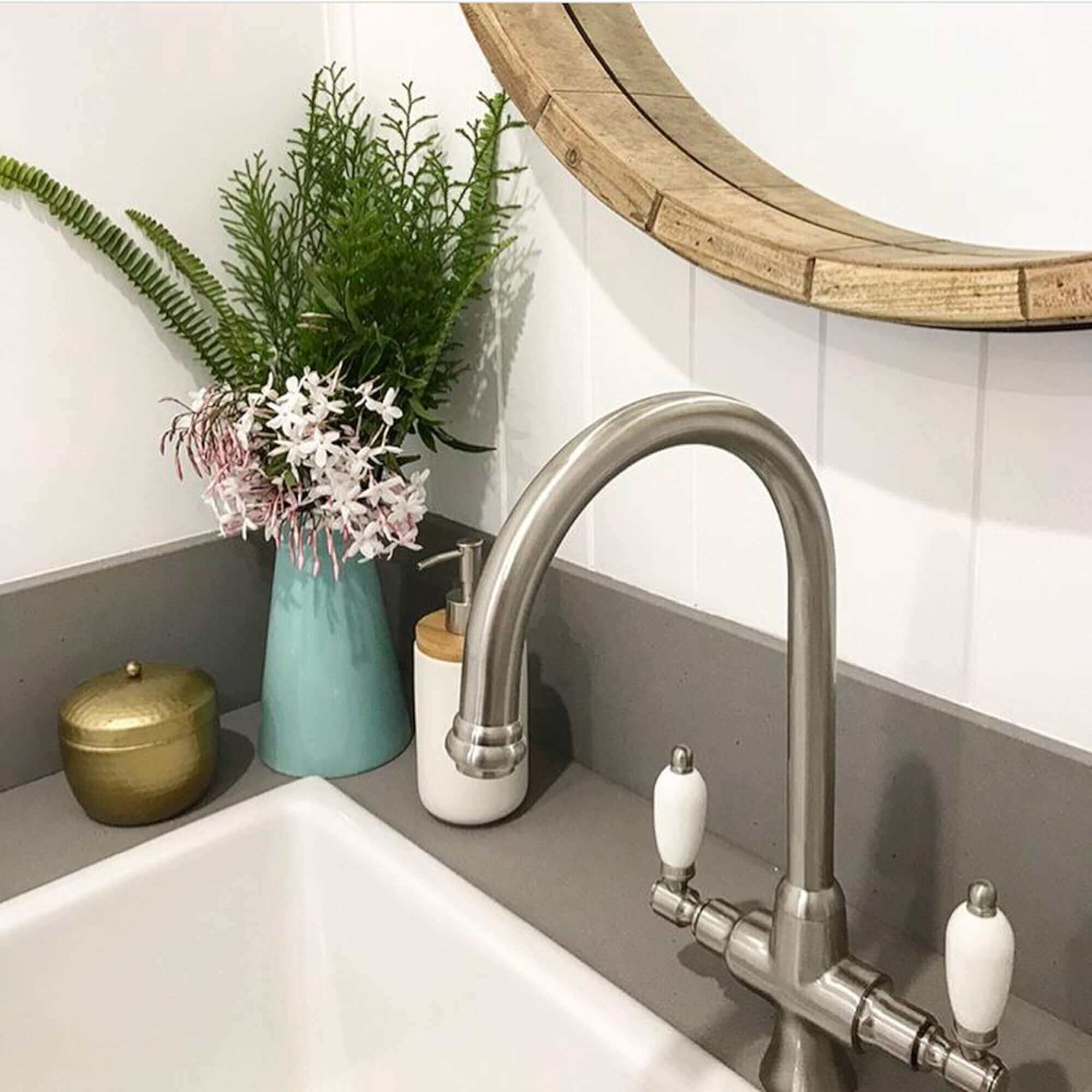 Dorchester Georgian dual flow kitchen sink tap with twin white levers - brushed nickel - Image 3