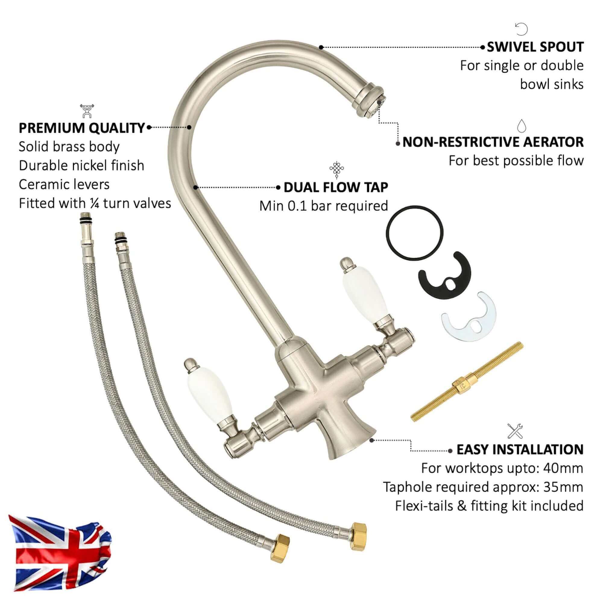 Dorchester Georgian dual flow kitchen sink tap with twin white levers - brushed nickel - Image 5