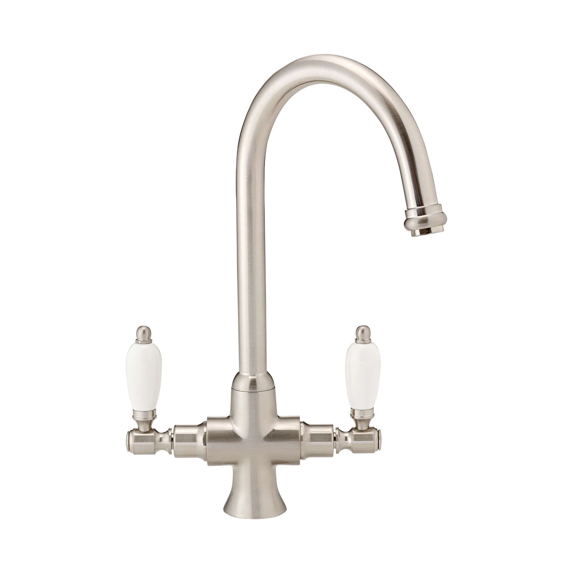 Dorchester Georgian dual flow kitchen sink tap with twin white levers - brushed nickel - Image 6