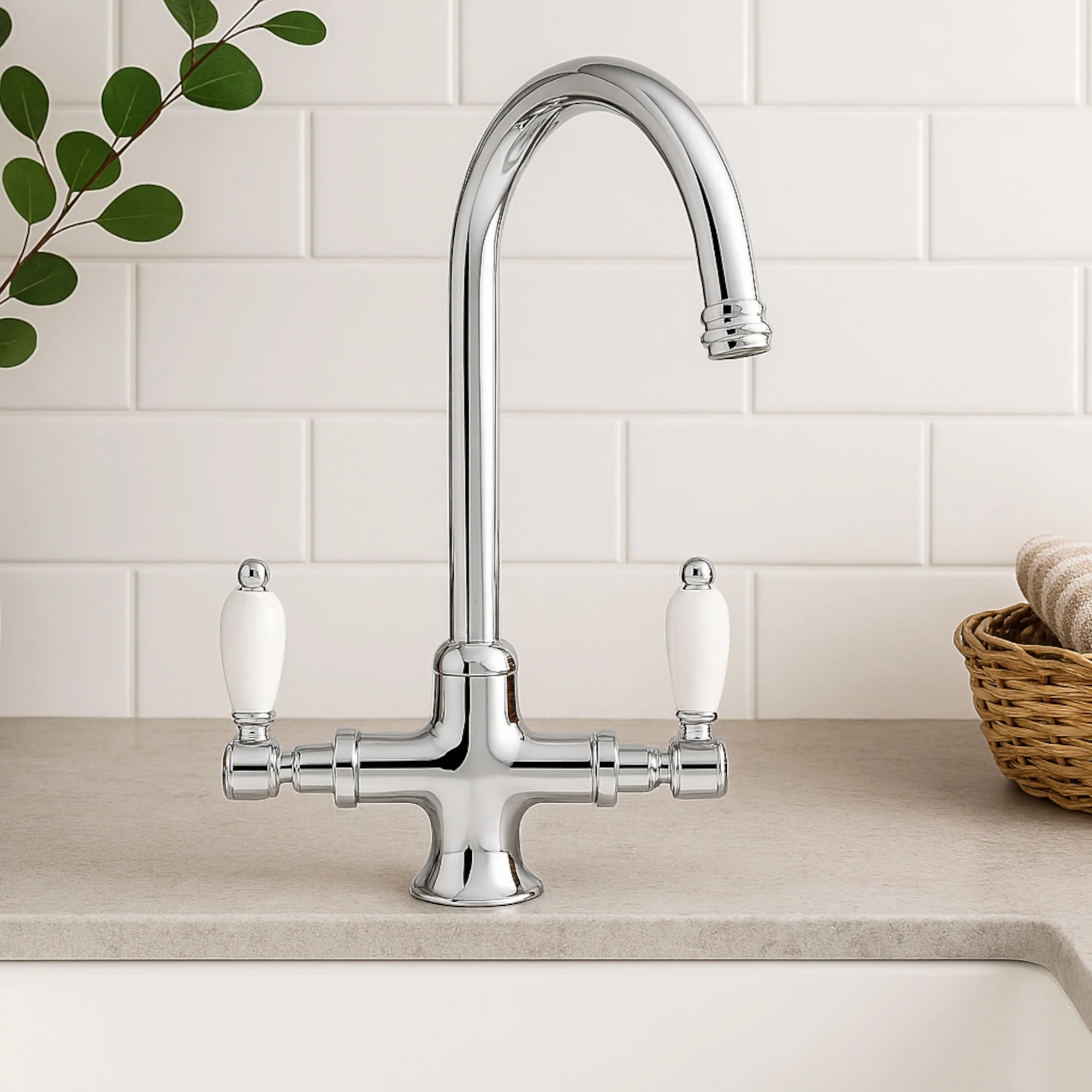 Dorchester Georgian dual flow kitchen sink tap with twin white levers - chrome - Image 2