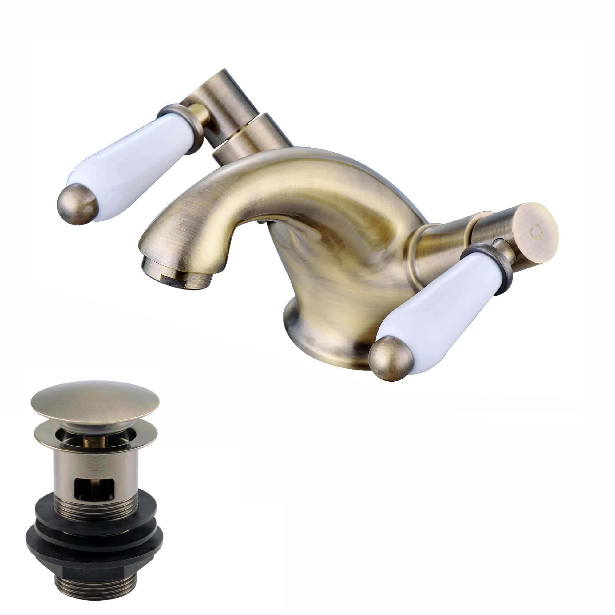 Downton basin mixer tap with white ceramic levers + slotted waste - antique brass