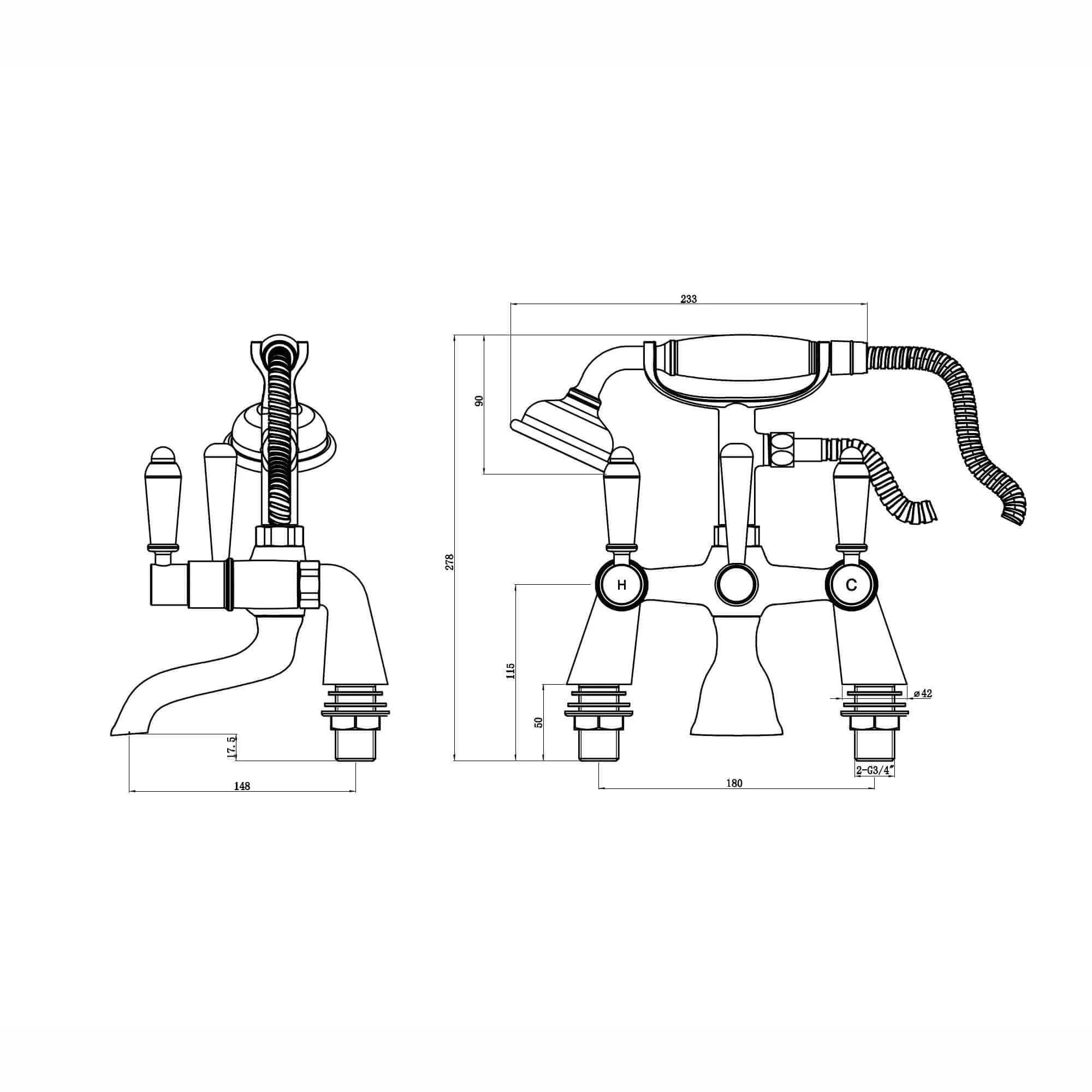 Downton bath shower mixer tap with white ceramic levers - gold - Image 4