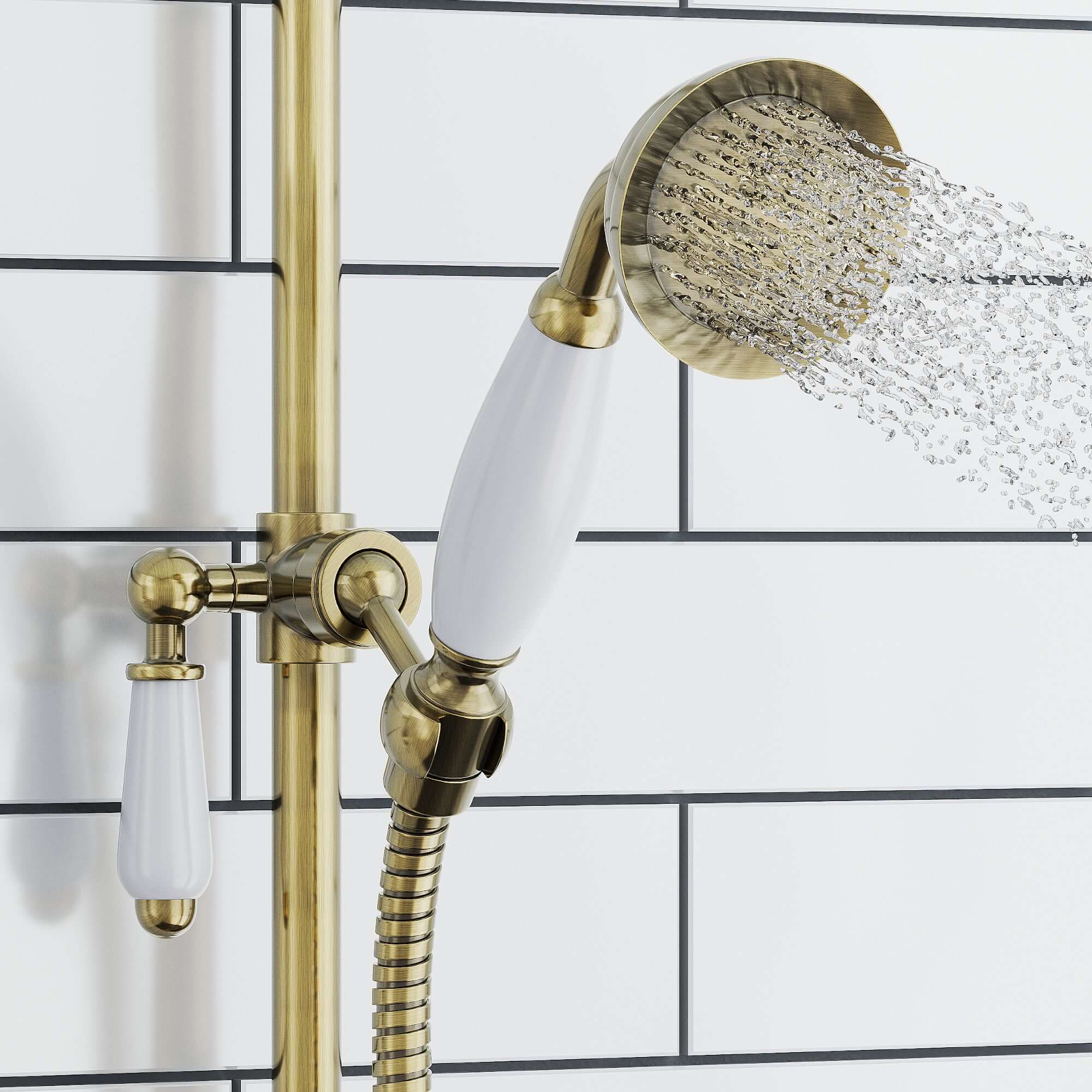 Downton Exposed Traditional Thermostatic Shower Set 2 Outlet, Incl. Triple Shower Valve, Rigid Riser Rail, 200mm Shower Head & Ceramic Handset - Antique Brass - Image 3