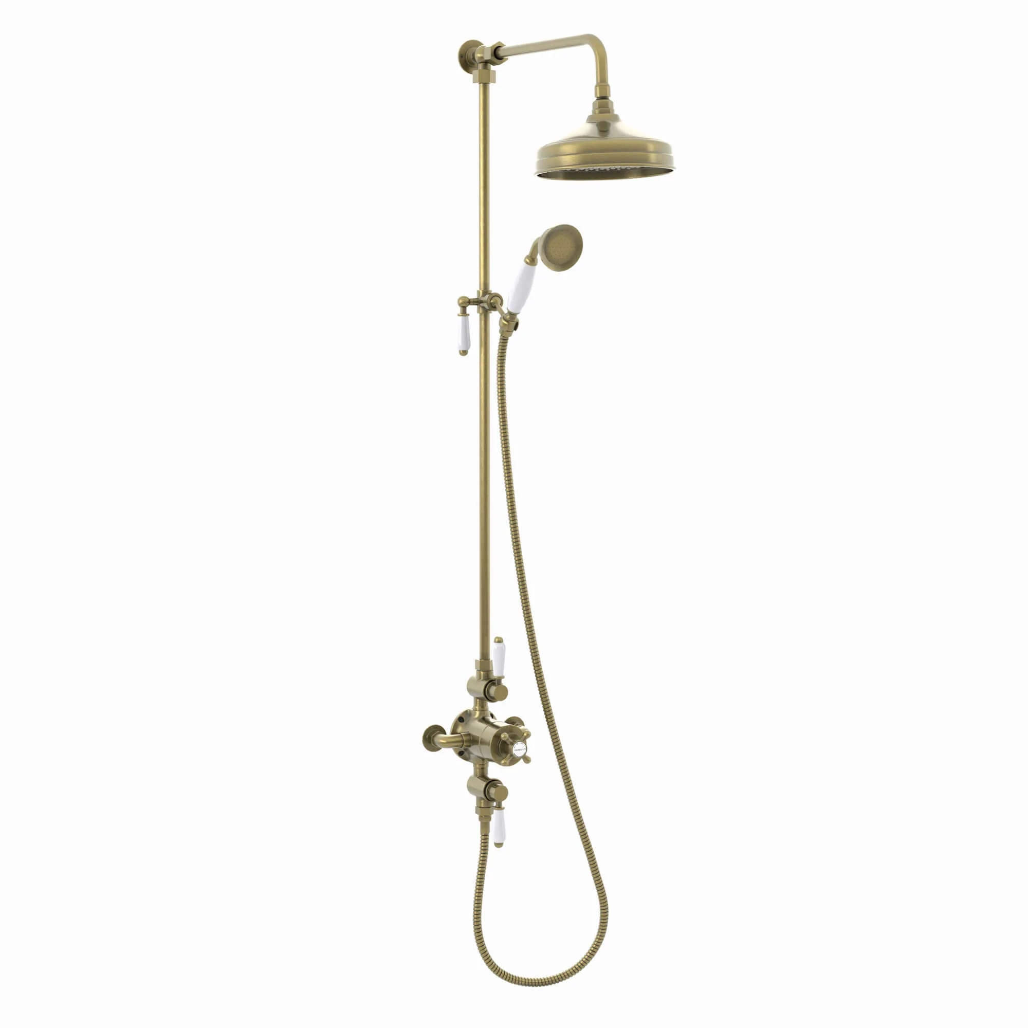 Downton Exposed Traditional Thermostatic Shower Set 2 Outlet, Incl. Triple Shower Valve, Rigid Riser Rail, 200mm Shower Head & Ceramic Handset - Antique Brass - Image 6