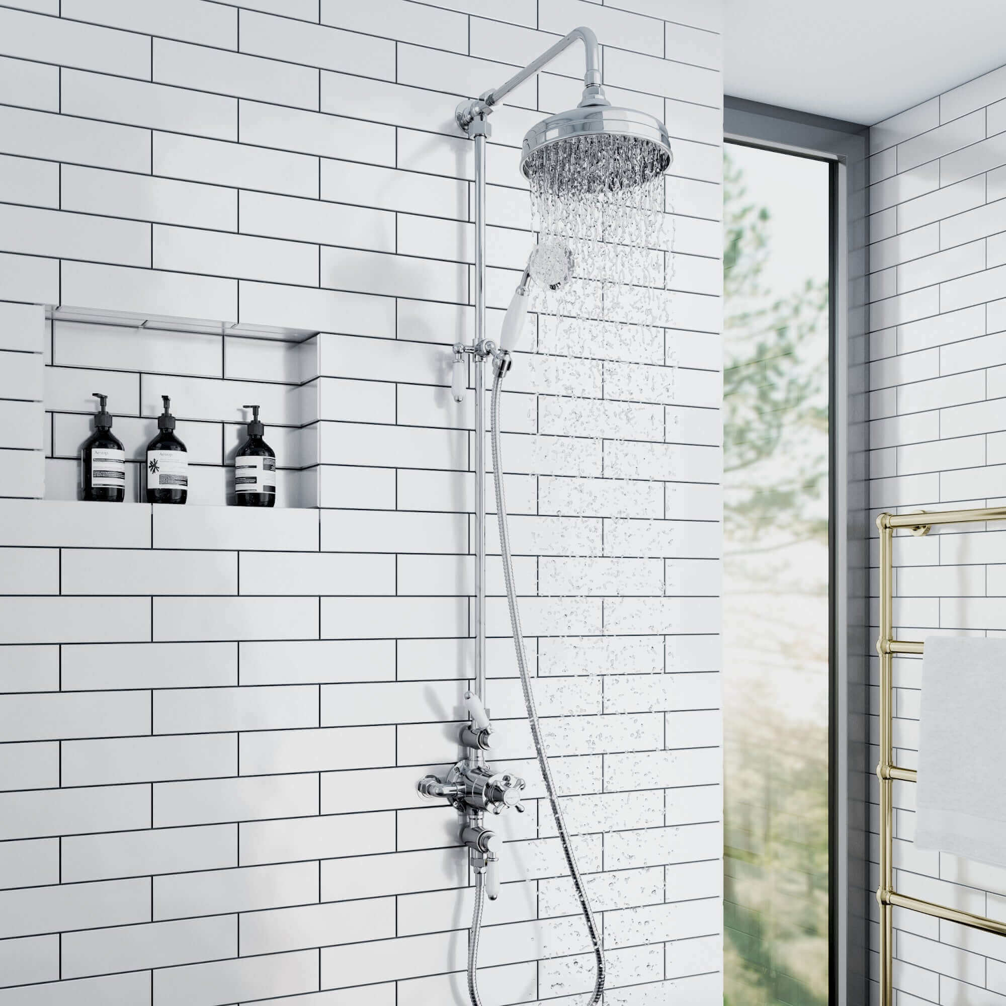 Downton Exposed Traditional Thermostatic Shower Set 2 Outlet, Incl. Triple Shower Valve, Rigid Riser Rail, 200mm Shower Head & Ceramic Handset - Chrome