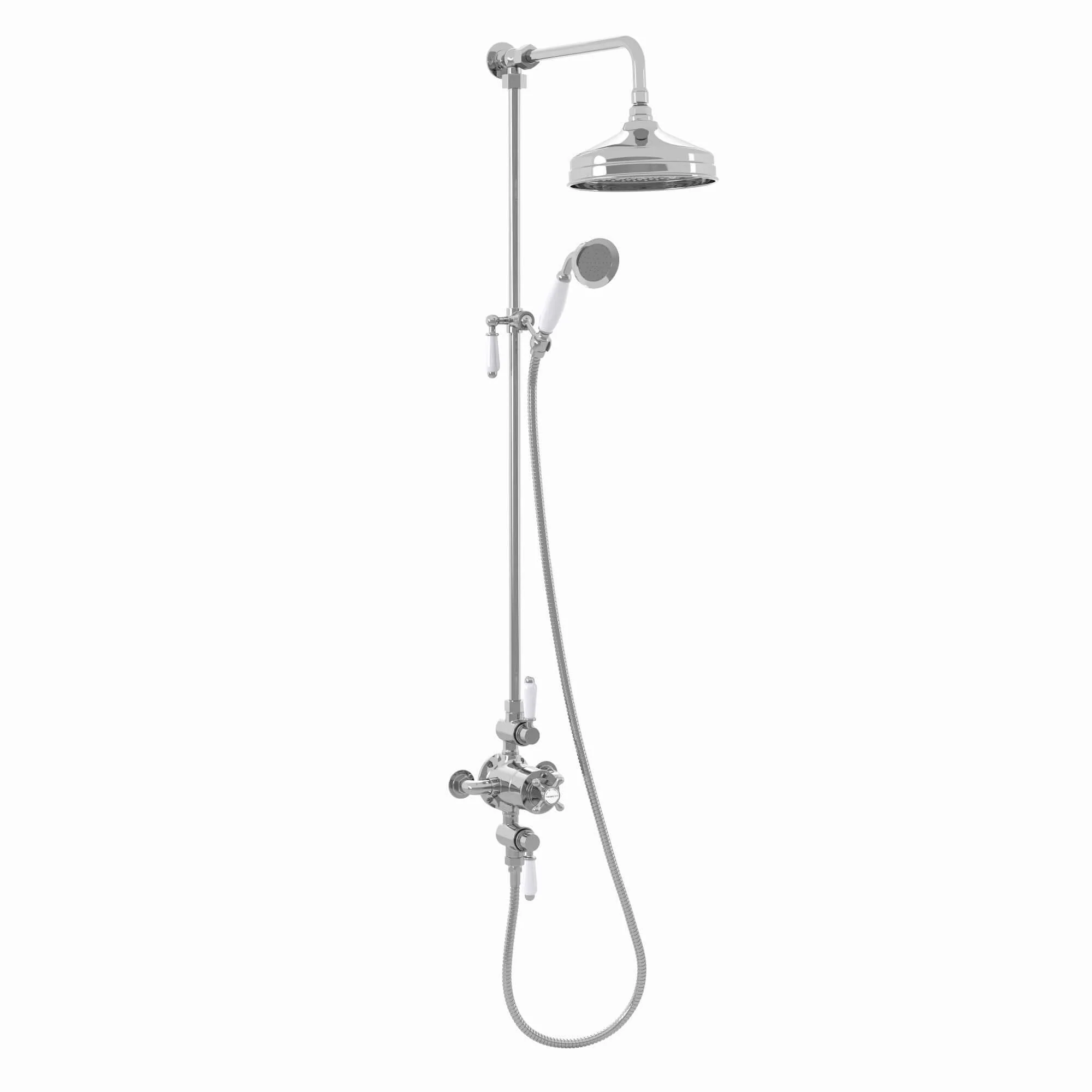 Downton Exposed Traditional Thermostatic Shower Set 2 Outlet, Incl. Triple Shower Valve, Rigid Riser Rail, 200mm Shower Head & Ceramic Handset - Chrome - Image 6