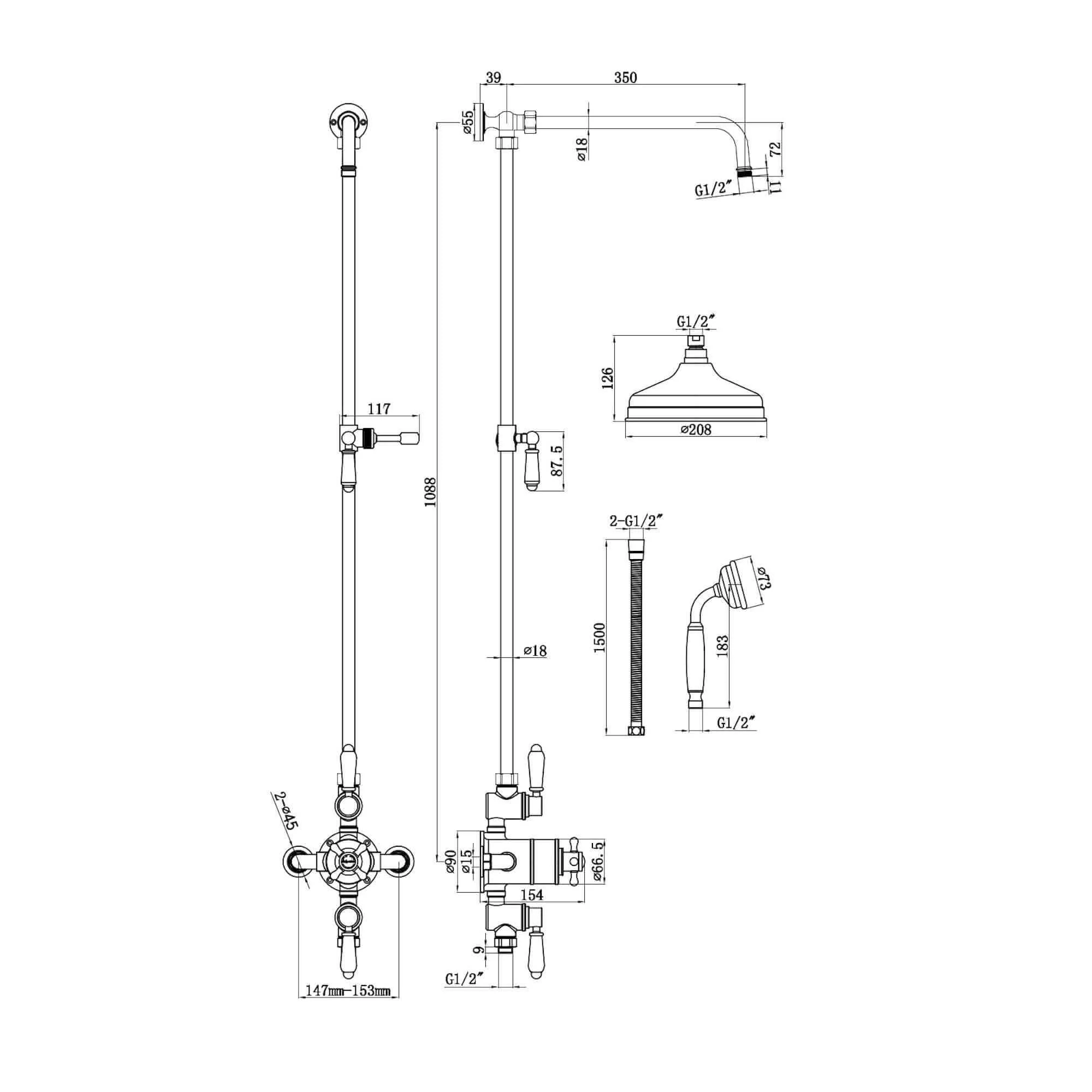 Downton Exposed Traditional Thermostatic Shower Set 2 Outlet, Incl. Triple Shower Valve, Rigid Riser Rail, 200mm Shower Head & Ceramic Handset - Chrome - Image 7