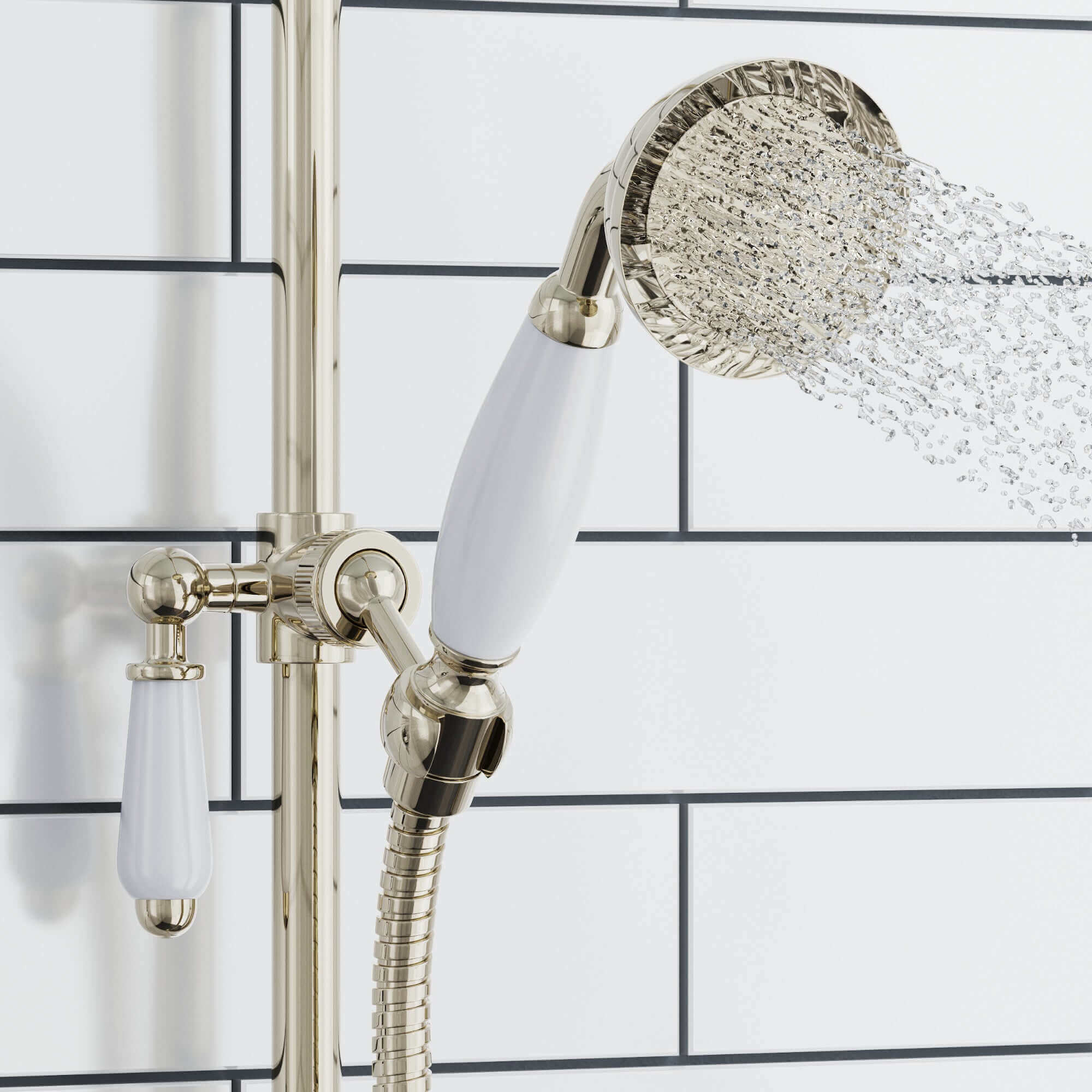 Downton Exposed Traditional Thermostatic Shower Set 2 Outlet, Incl. Triple Shower Valve, Rigid Riser Rail, 200mm Shower Head & Ceramic Handset - Gold - Image 3