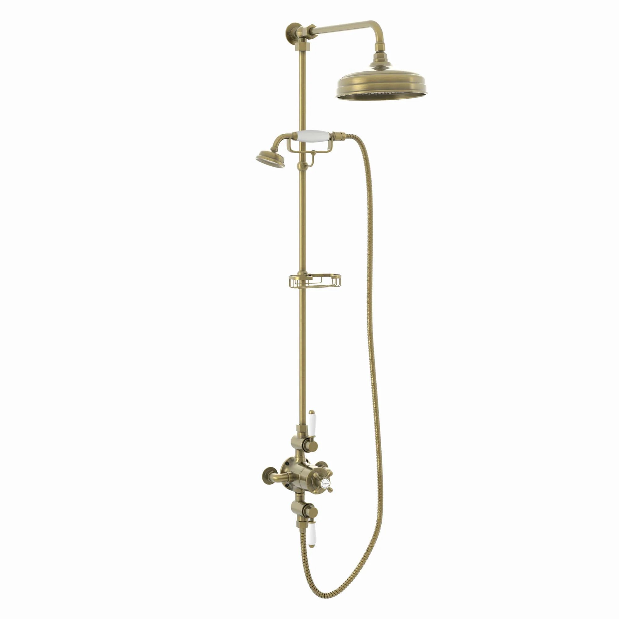 Downton Exposed Traditional Thermostatic Shower Set 2 Outlet, Incl. Triple Shower Valve, Rigid Riser Rail, 200mm Shower Head, Telephone Style Ceramic Handset & Caddy - Antique Brass - Image 6