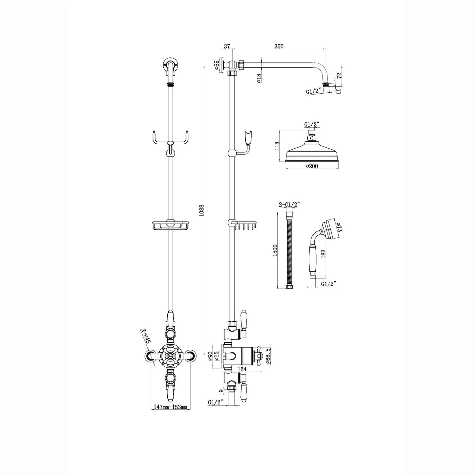 Downton Exposed Traditional Thermostatic Shower Set 2 Outlet, Incl. Triple Shower Valve, Rigid Riser Rail, 200mm Shower Head, Telephone Style Ceramic Handset & Caddy - Antique Brass - Image 7