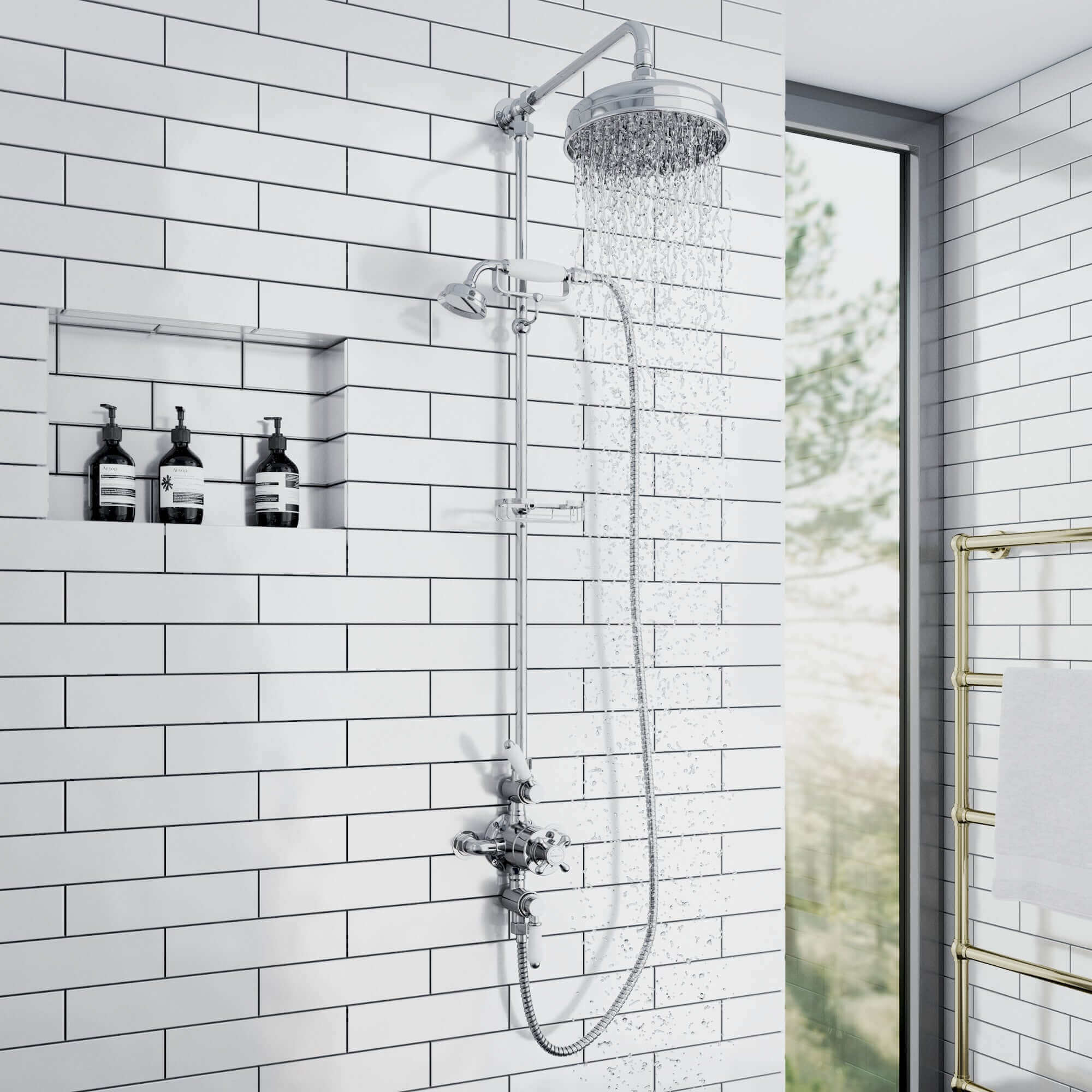 Downton Exposed Traditional Thermostatic Shower Set 2 Outlet, Incl. Triple Shower Valve, Rigid Riser Rail, 200mm Shower Head, Telephone Style Ceramic Handset & Caddy - Chrome