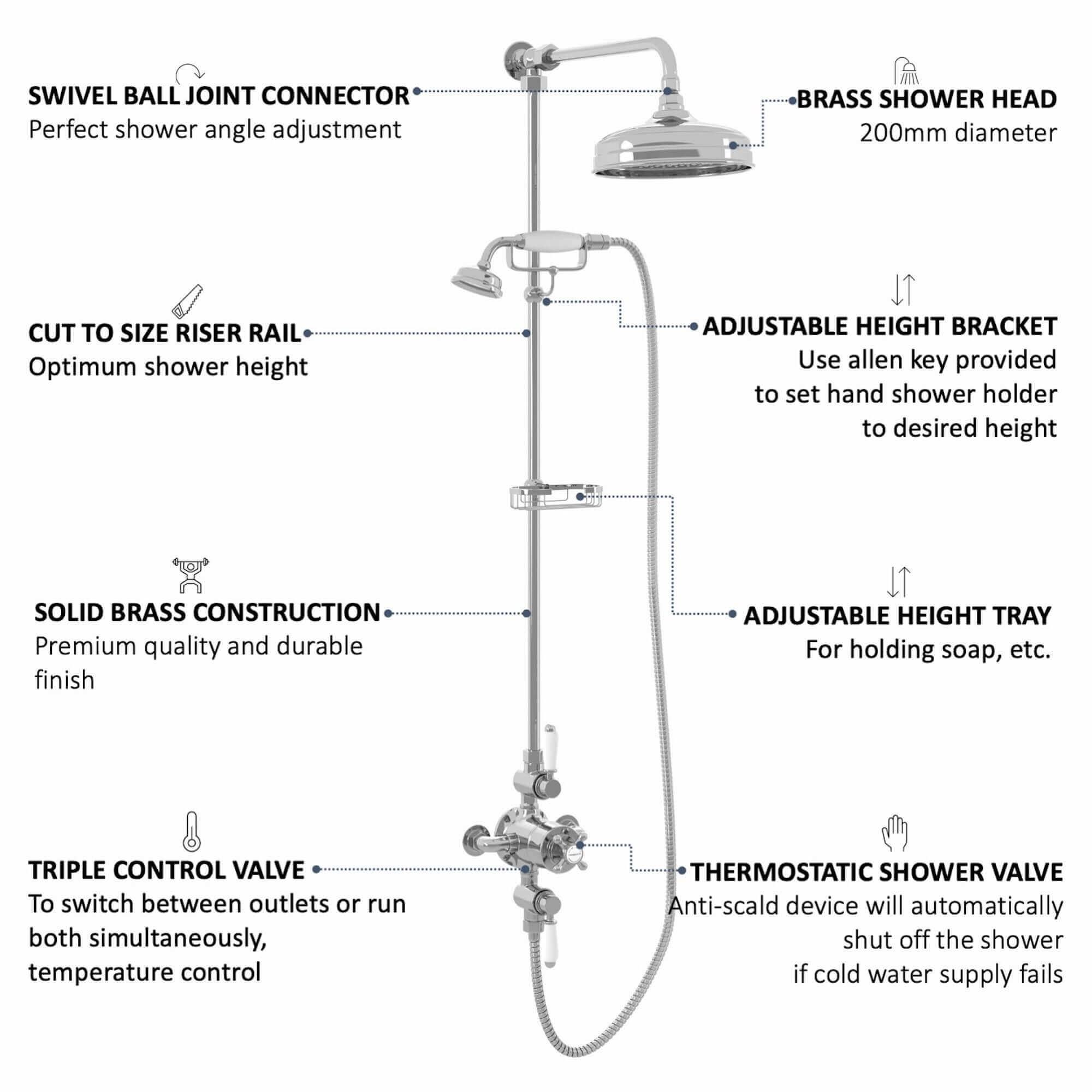 Downton Exposed Traditional Thermostatic Shower Set 2 Outlet, Incl. Triple Shower Valve, Rigid Riser Rail, 200mm Shower Head, Telephone Style Ceramic Handset & Caddy - Chrome - Image 5
