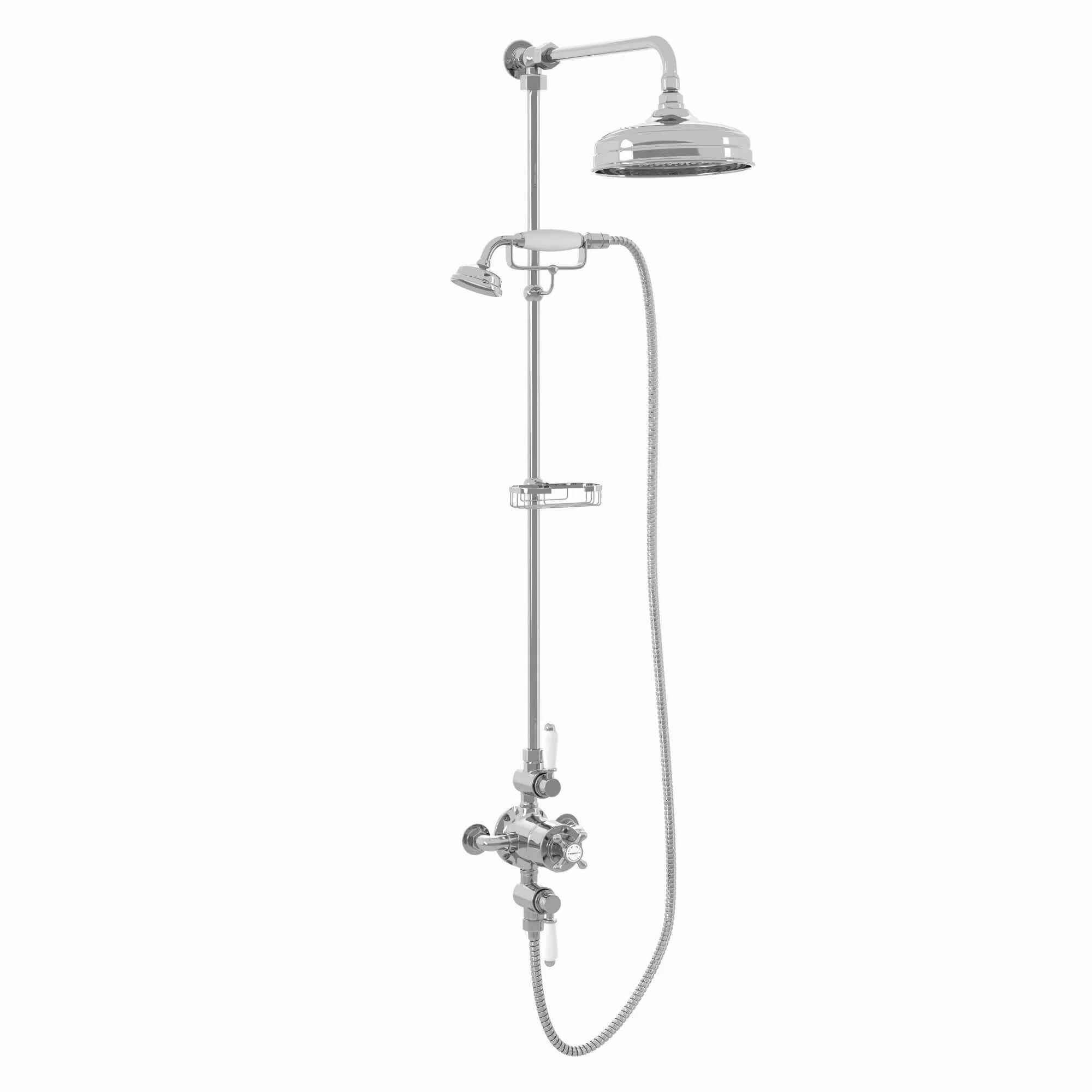 Downton Exposed Traditional Thermostatic Shower Set 2 Outlet, Incl. Triple Shower Valve, Rigid Riser Rail, 200mm Shower Head, Telephone Style Ceramic Handset & Caddy - Chrome - Image 6