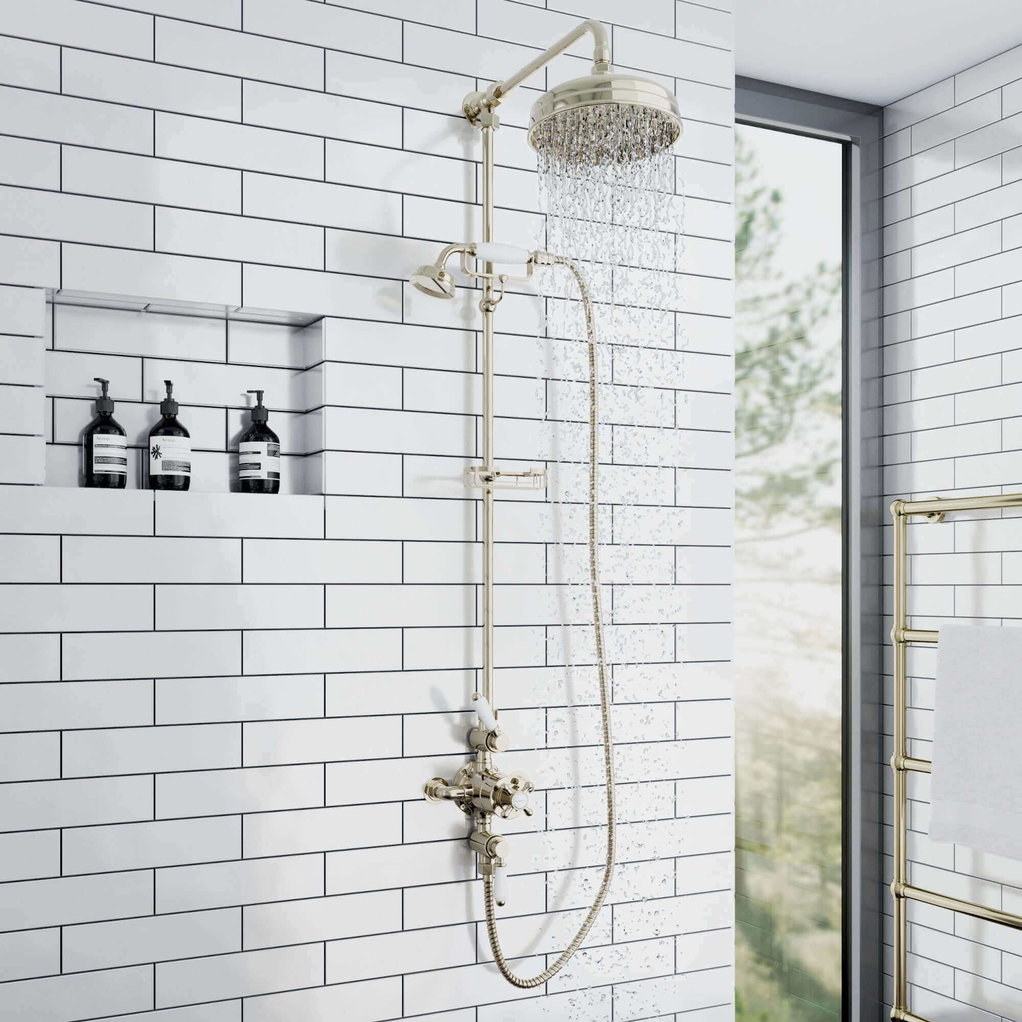 Downton Exposed Traditional Thermostatic Shower Set 2 Outlet, Incl. Triple Shower Valve, Rigid Riser Rail, 200mm Shower Head, Telephone Style Ceramic Handset & Caddy - Gold