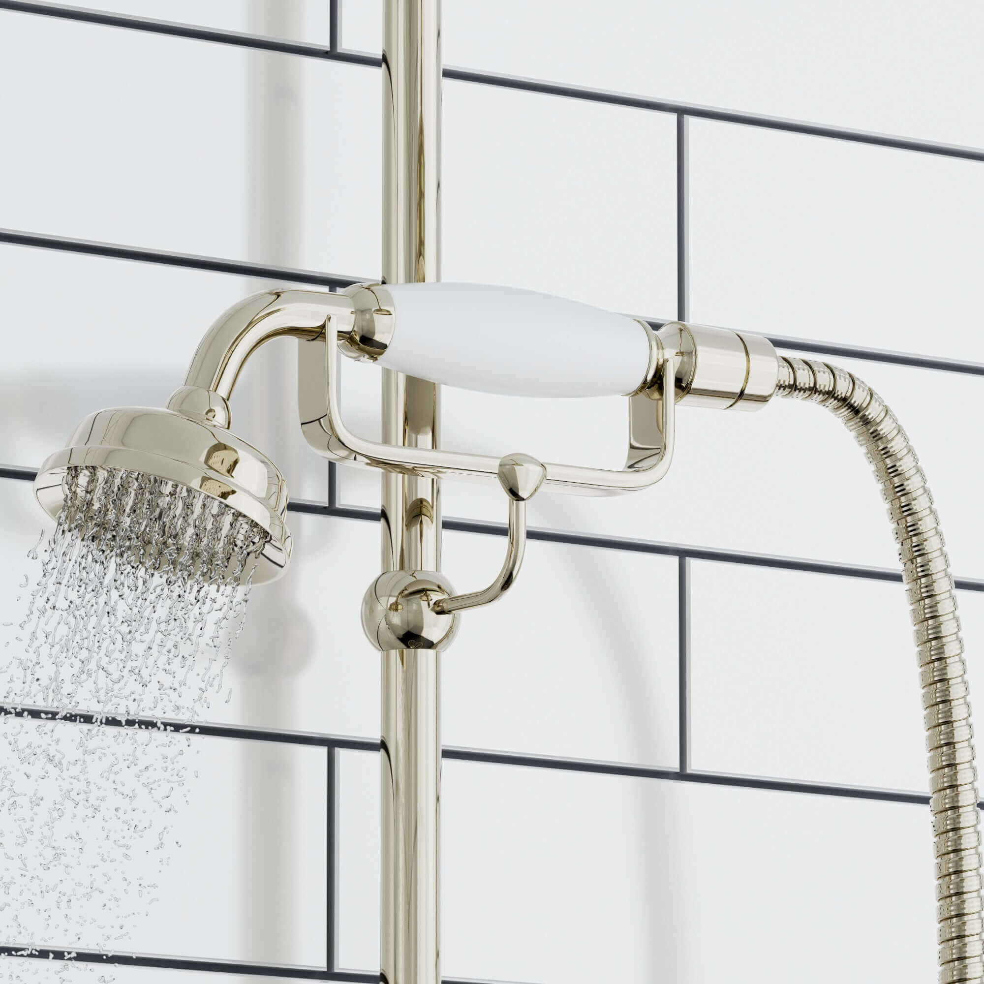 Downton Exposed Traditional Thermostatic Shower Set 2 Outlet, Incl. Triple Shower Valve, Rigid Riser Rail, 200mm Shower Head, Telephone Style Ceramic Handset & Caddy - Gold - Image 3
