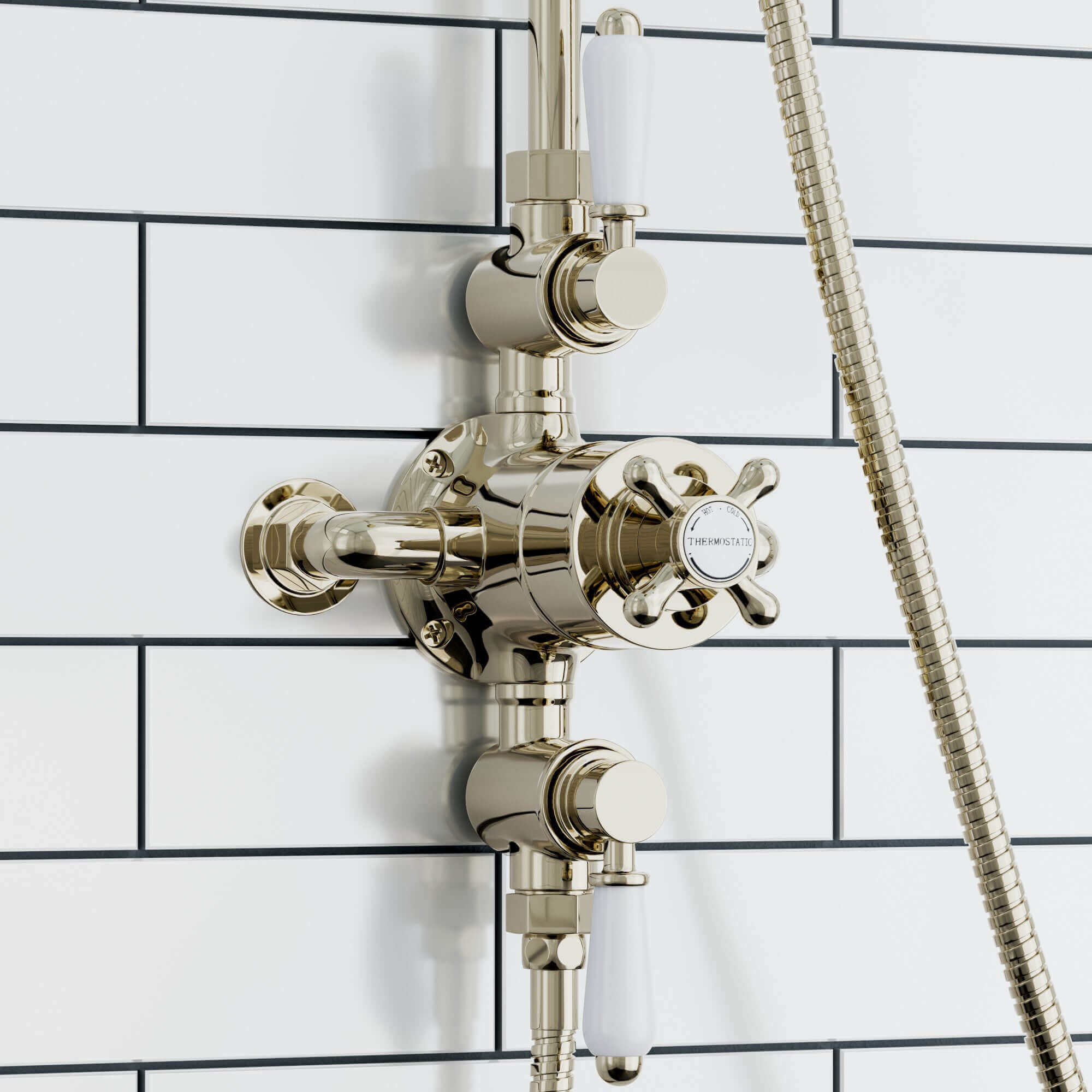 Downton Exposed Traditional Thermostatic Shower Set 2 Outlet, Incl. Triple Shower Valve, Rigid Riser Rail, 200mm Shower Head, Telephone Style Ceramic Handset & Caddy - Gold - Image 4