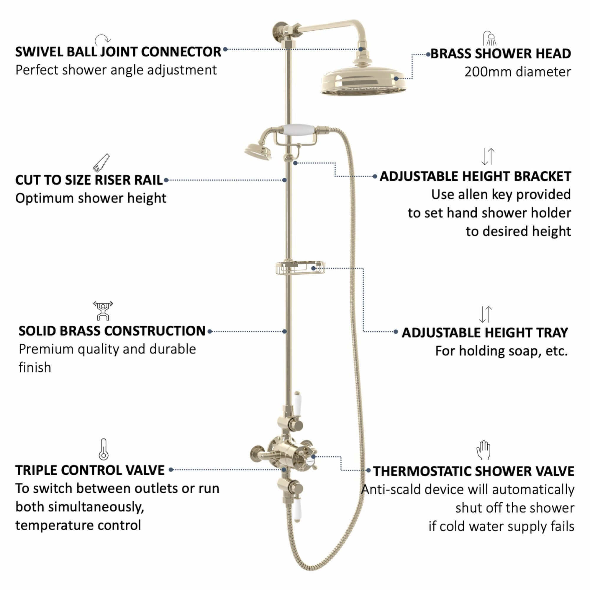 Downton Exposed Traditional Thermostatic Shower Set 2 Outlet, Incl. Triple Shower Valve, Rigid Riser Rail, 200mm Shower Head, Telephone Style Ceramic Handset & Caddy - Gold - Image 5