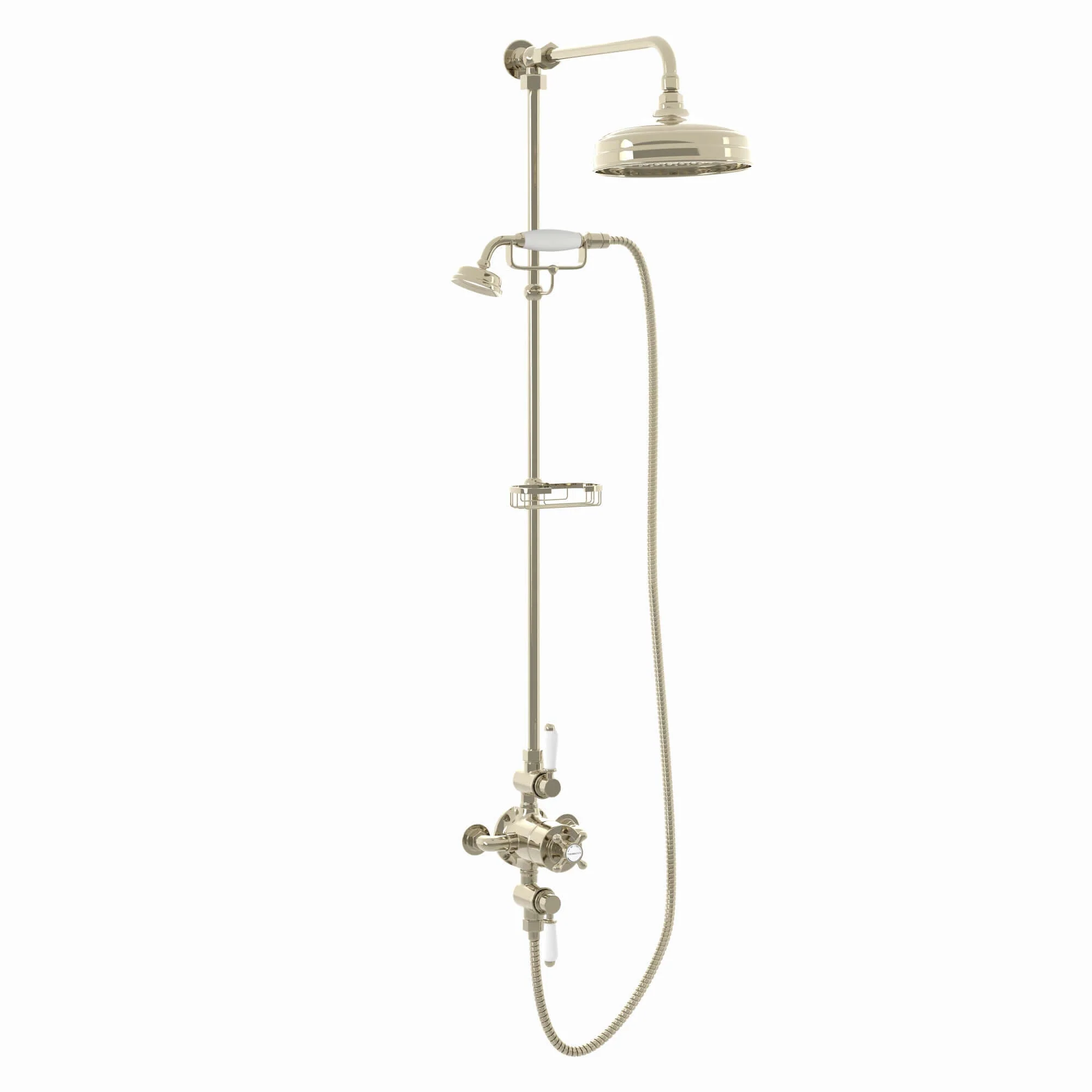 Downton Exposed Traditional Thermostatic Shower Set 2 Outlet, Incl. Triple Shower Valve, Rigid Riser Rail, 200mm Shower Head, Telephone Style Ceramic Handset & Caddy - Gold - Image 6