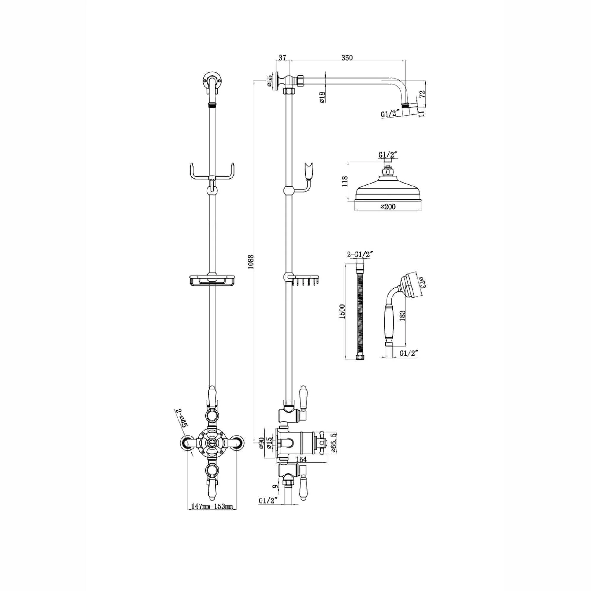 Downton Exposed Traditional Thermostatic Shower Set 2 Outlet, Incl. Triple Shower Valve, Rigid Riser Rail, 200mm Shower Head, Telephone Style Ceramic Handset & Caddy - Gold - Image 7