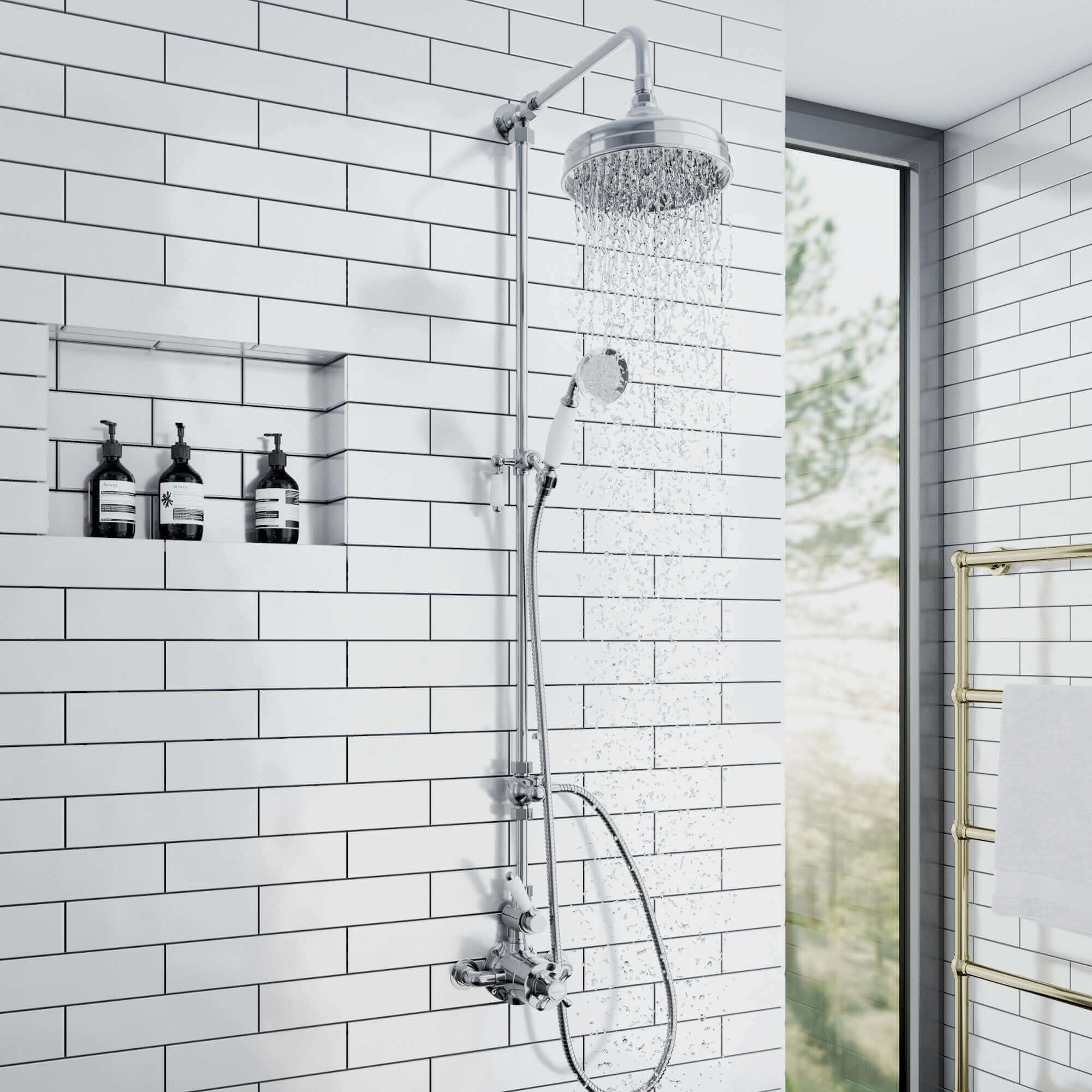 Downton Exposed Traditional Thermostatic Shower Set 2 Outlet Incl. Twin Shower Valve With Diverter, Rigid Riser Rail, 200mm Shower Head & Ceramic Handset - Chrome