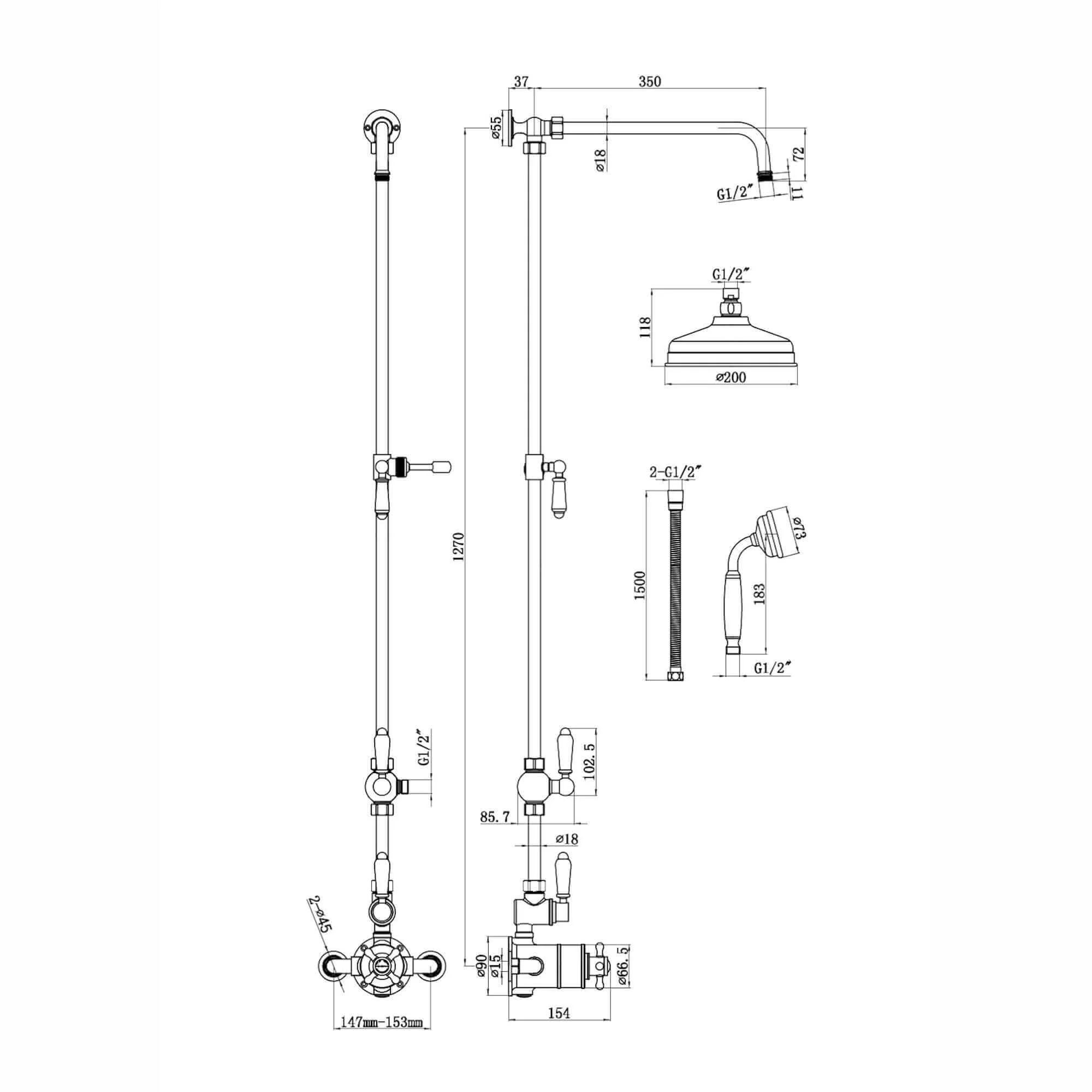 Downton Exposed Traditional Thermostatic Shower Set 2 Outlet Incl. Twin Shower Valve With Diverter, Rigid Riser Rail, 200mm Shower Head & Ceramic Handset - Chrome - Image 7