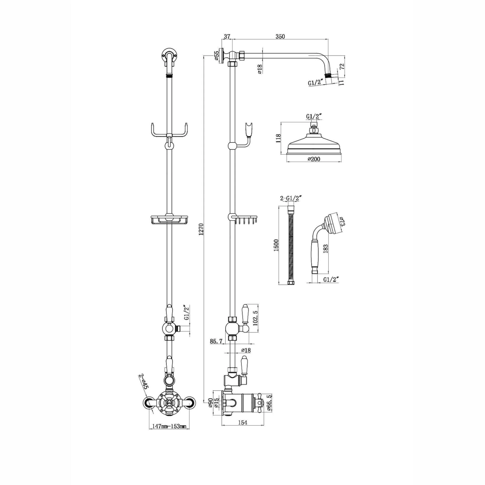 Downton Exposed Traditional Thermostatic Shower Set 2 Outlet Incl. Twin Shower Valve With Diverter, Rigid Riser Rail, 200mm Shower Head, Telephone Style Ceramic Handset & Caddy - Antique Brass - Image 7