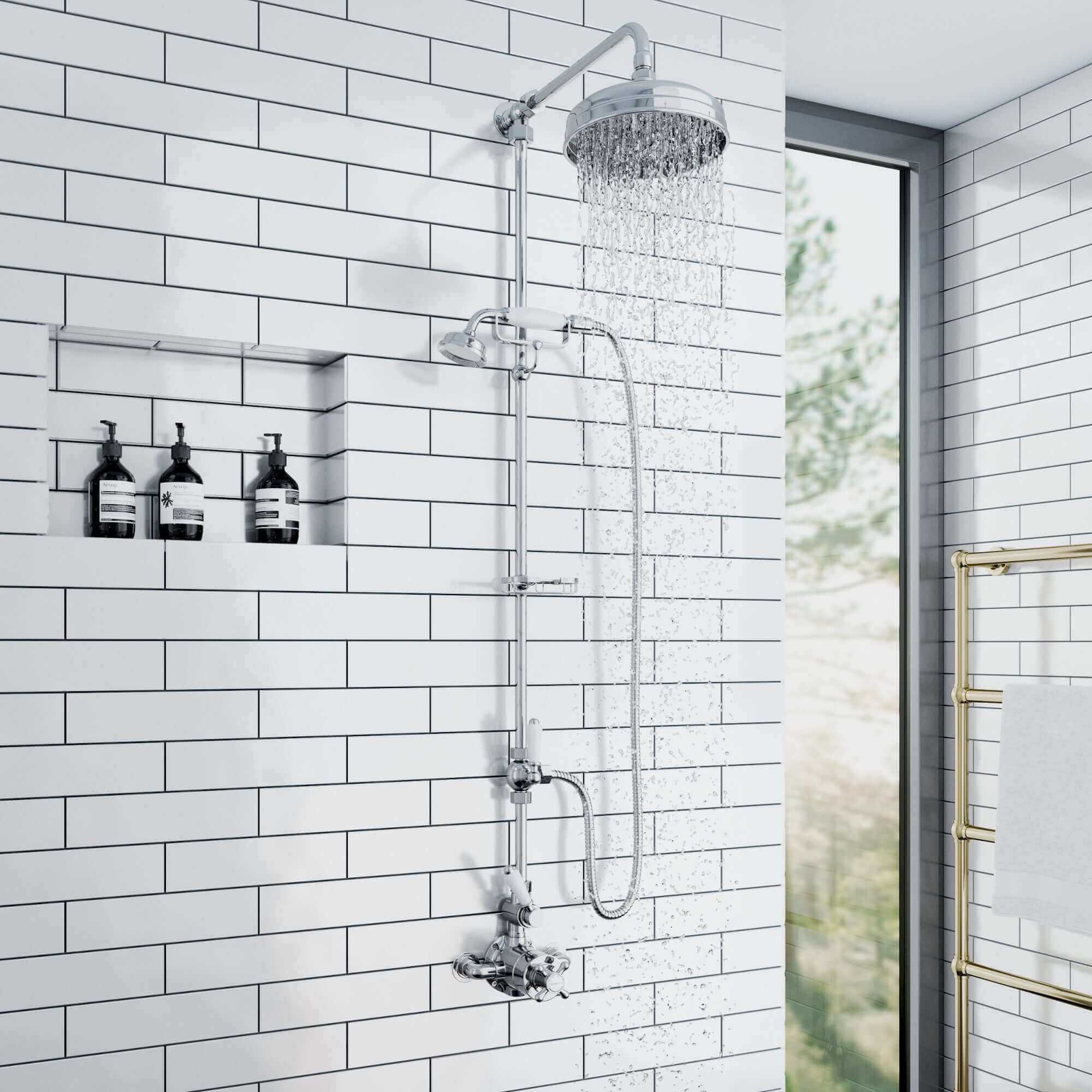 Downton Exposed Traditional Thermostatic Shower Set 2 Outlet Incl. Twin Shower Valve With Diverter, Rigid Riser Rail, 200mm Shower Head, Telephone Style Ceramic Handset & Caddy - Chrome