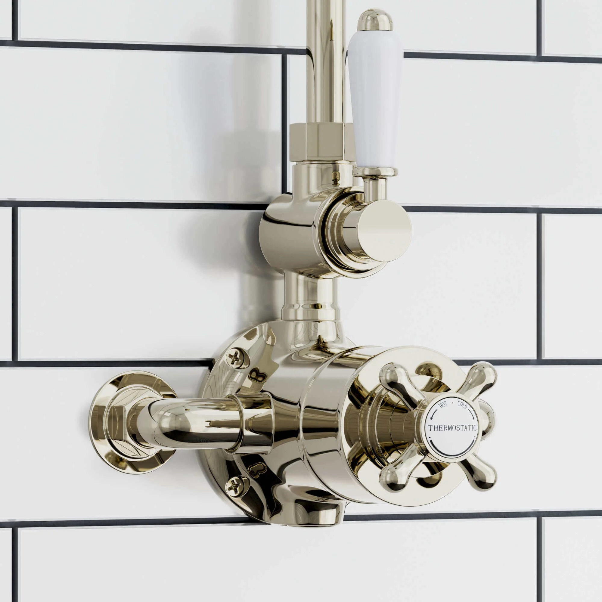 Downton Exposed Traditional Thermostatic Shower Set 2 Outlet Incl. Twin Shower Valve With Diverter, Rigid Riser Rail, 200mm Shower Head, Telephone Style Ceramic Handset & Caddy - Gold - Image 4