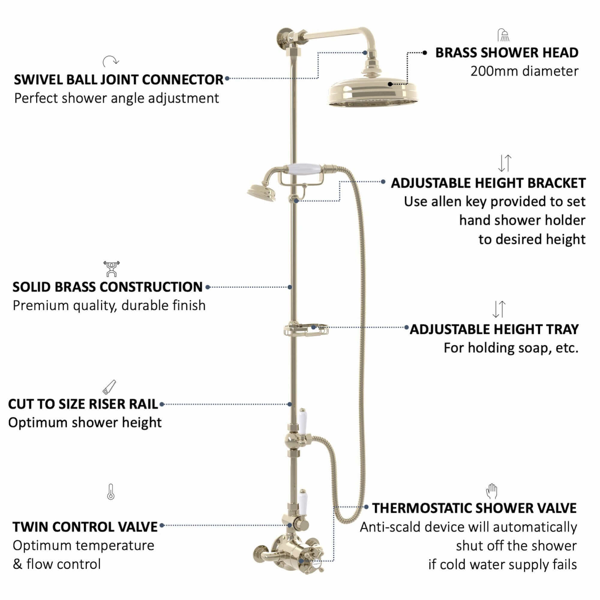 Downton Exposed Traditional Thermostatic Shower Set 2 Outlet Incl. Twin Shower Valve With Diverter, Rigid Riser Rail, 200mm Shower Head, Telephone Style Ceramic Handset & Caddy - Gold - Image 5